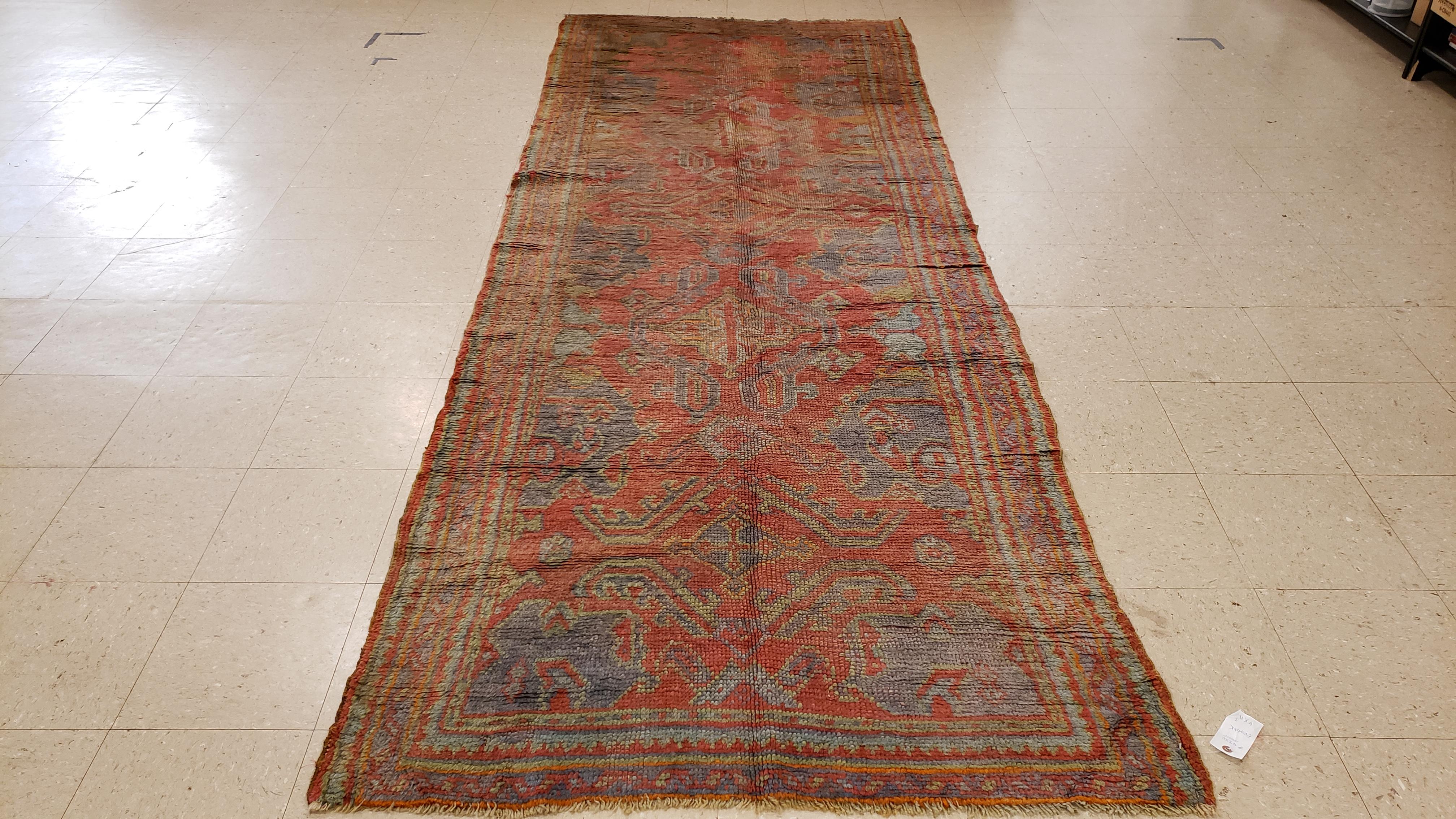 Turkish Oushak Carpet, Oriental Rug, Handmade Rug Coral, Light Blue, Saffron and Green For Sale