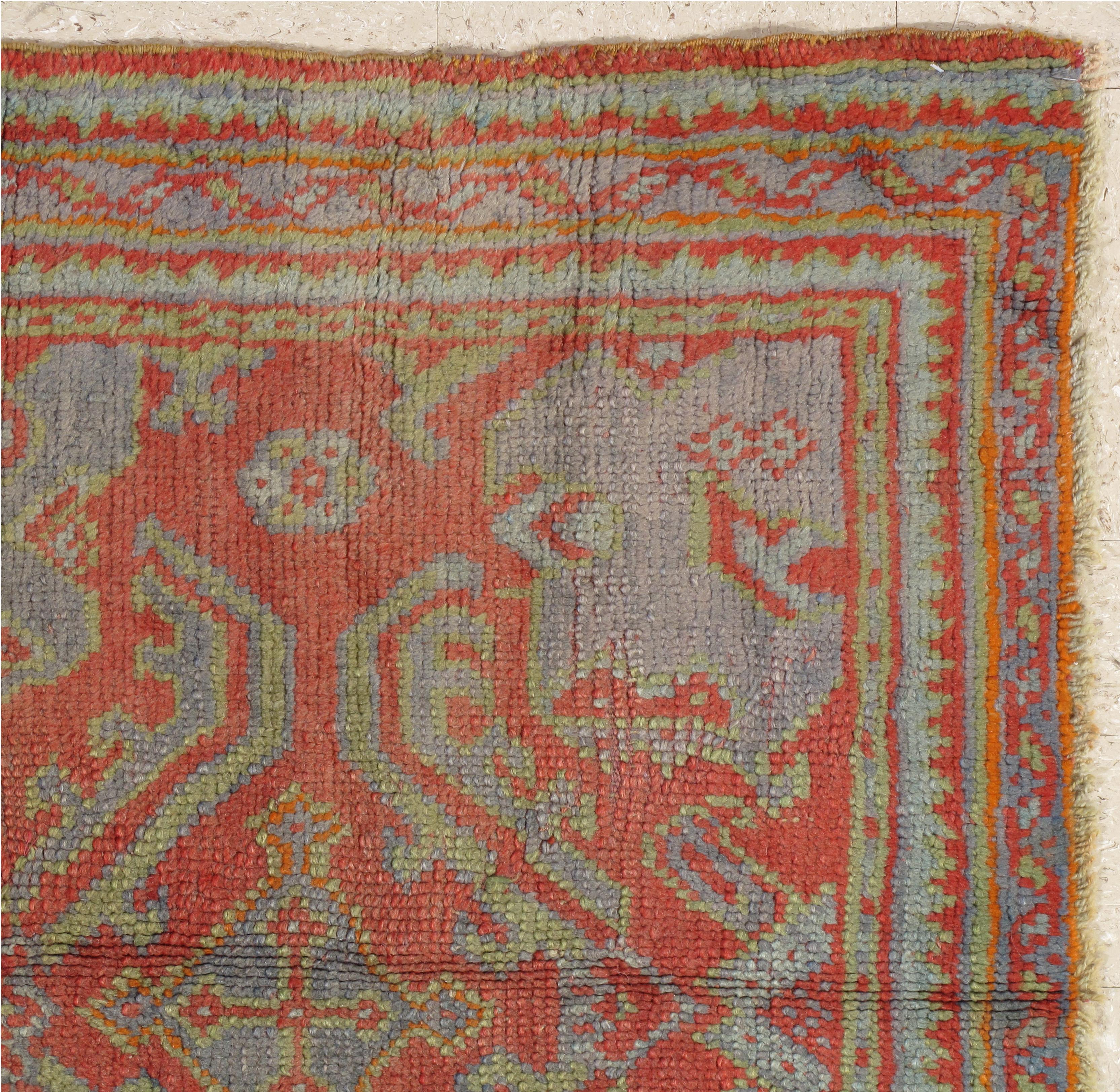 Hand-Knotted Oushak Carpet, Oriental Rug, Handmade Rug Coral, Light Blue, Saffron and Green For Sale