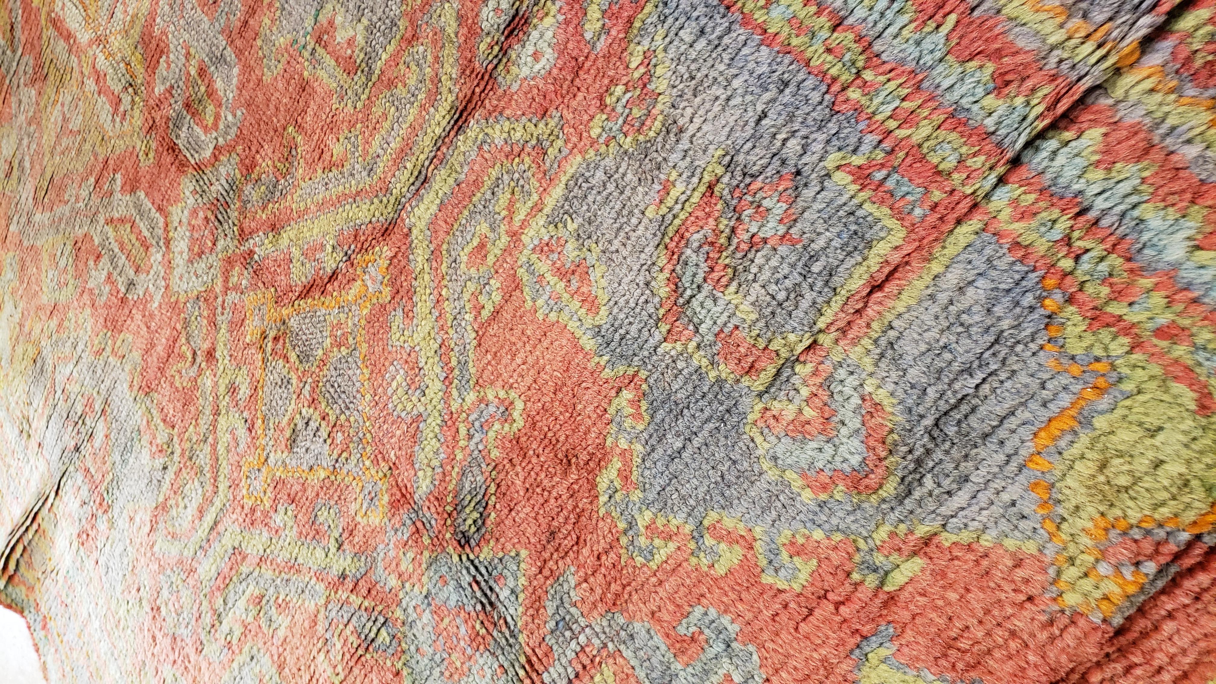 Oushak Carpet, Oriental Rug, Handmade Rug Coral, Light Blue, Saffron and Green In Good Condition For Sale In Port Washington, NY