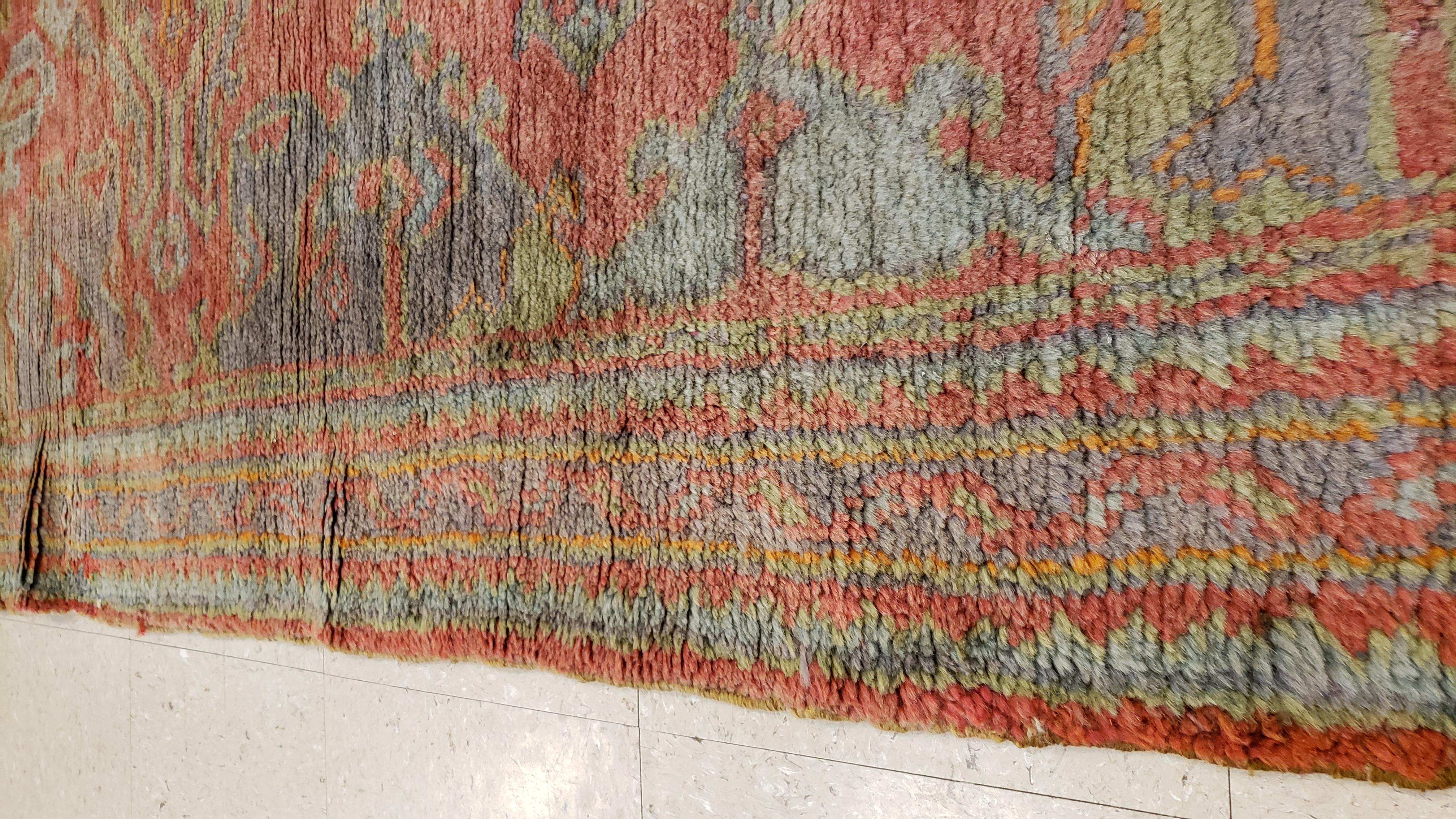 20th Century Oushak Carpet, Oriental Rug, Handmade Rug Coral, Light Blue, Saffron and Green For Sale