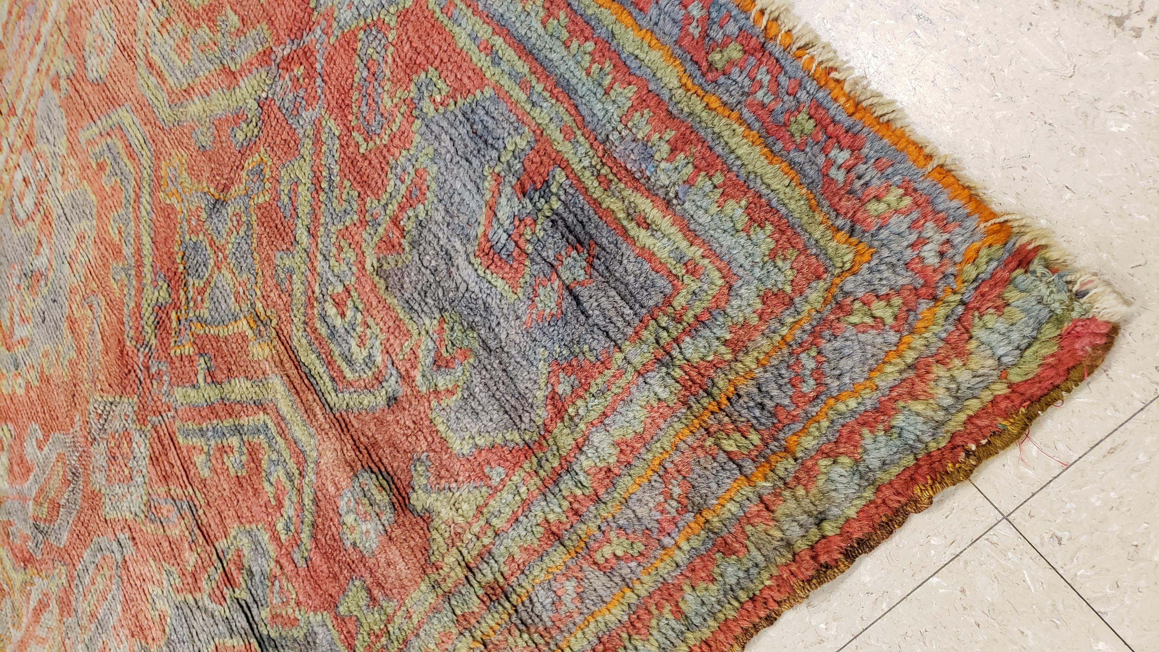 Wool Oushak Carpet, Oriental Rug, Handmade Rug Coral, Light Blue, Saffron and Green For Sale