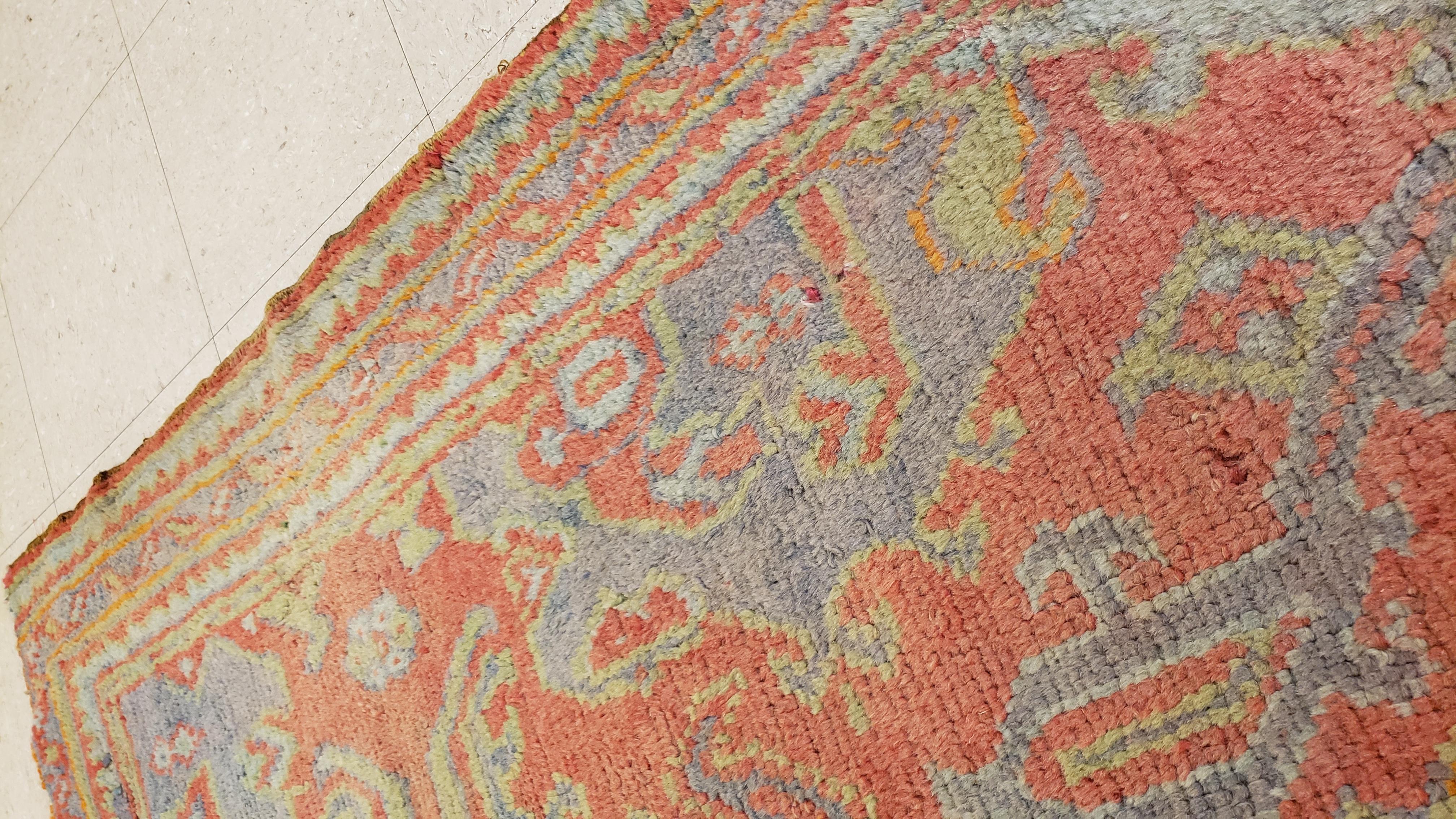 Oushak Carpet, Oriental Rug, Handmade Rug Coral, Light Blue, Saffron and Green For Sale 1