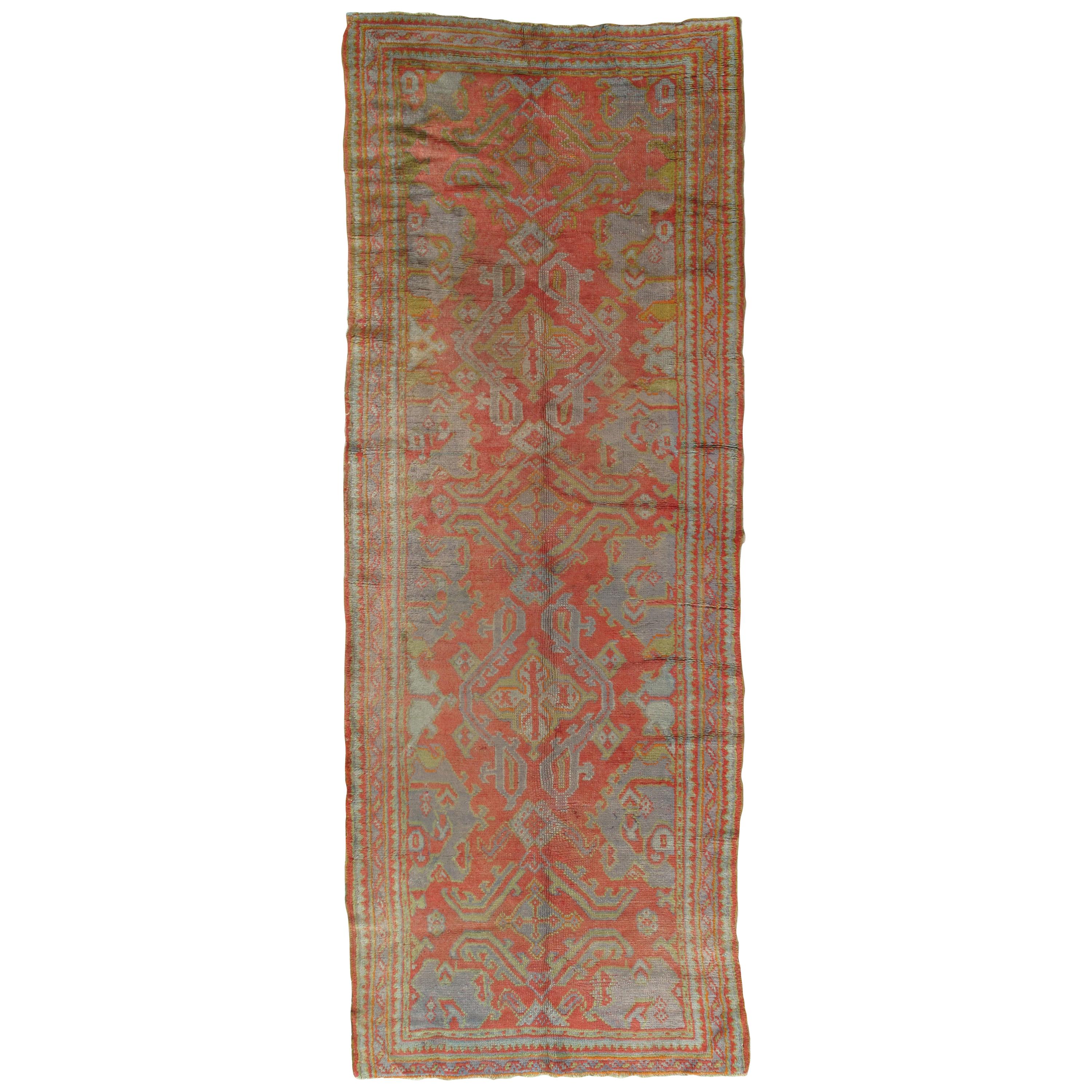 Oushak-Teppich, orientalischer Teppich, handgefertigter Teppich in Koralle, Hellblau, Safran und Grün