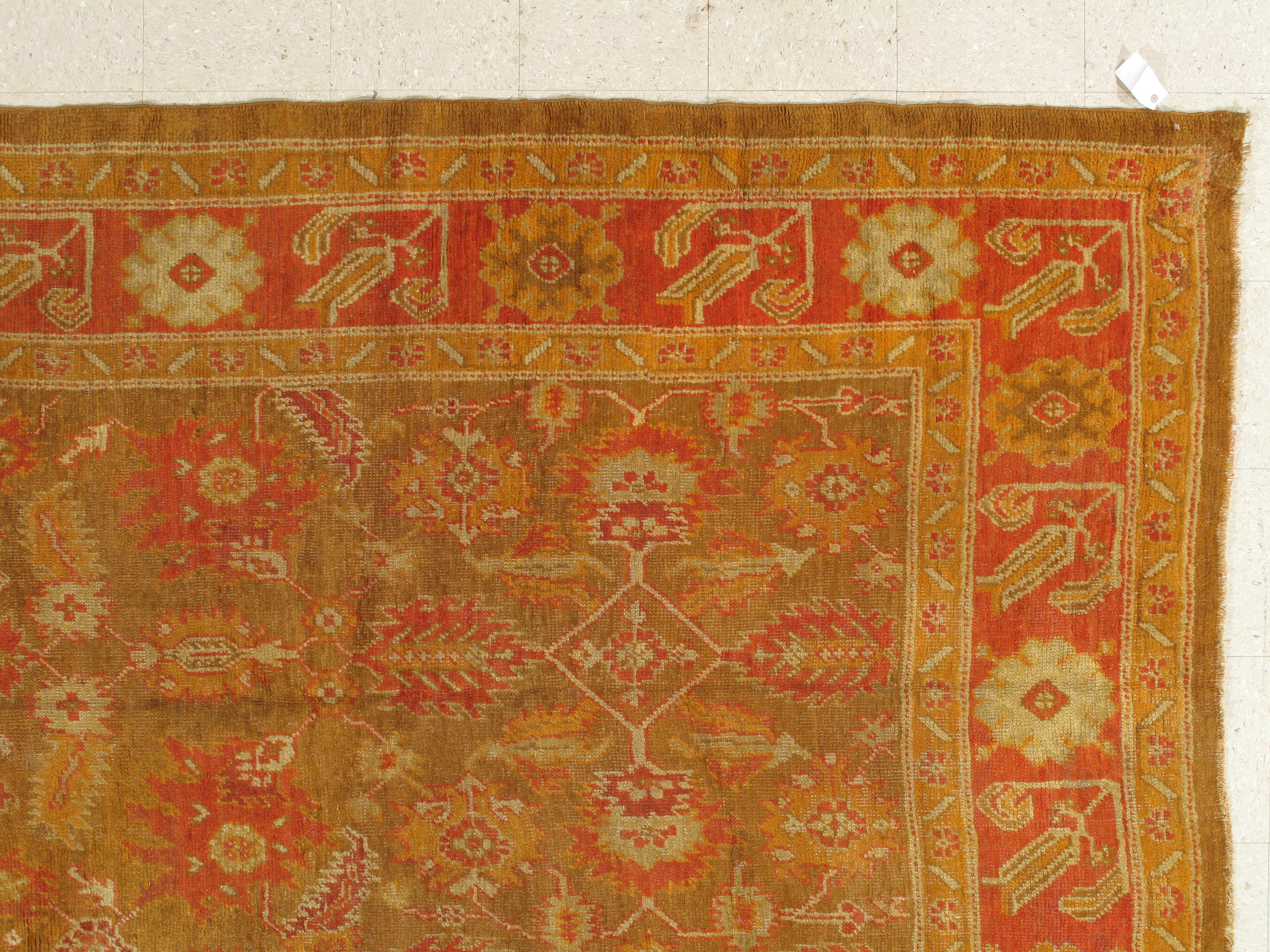 Antique Oushak Carpet, Oriental Rug, Handmade Green, Saffron, Ivory and Coral For Sale 3
