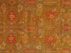 Antique Oushak Carpet, Oriental Rug, Handmade Green, Saffron, Ivory and Coral