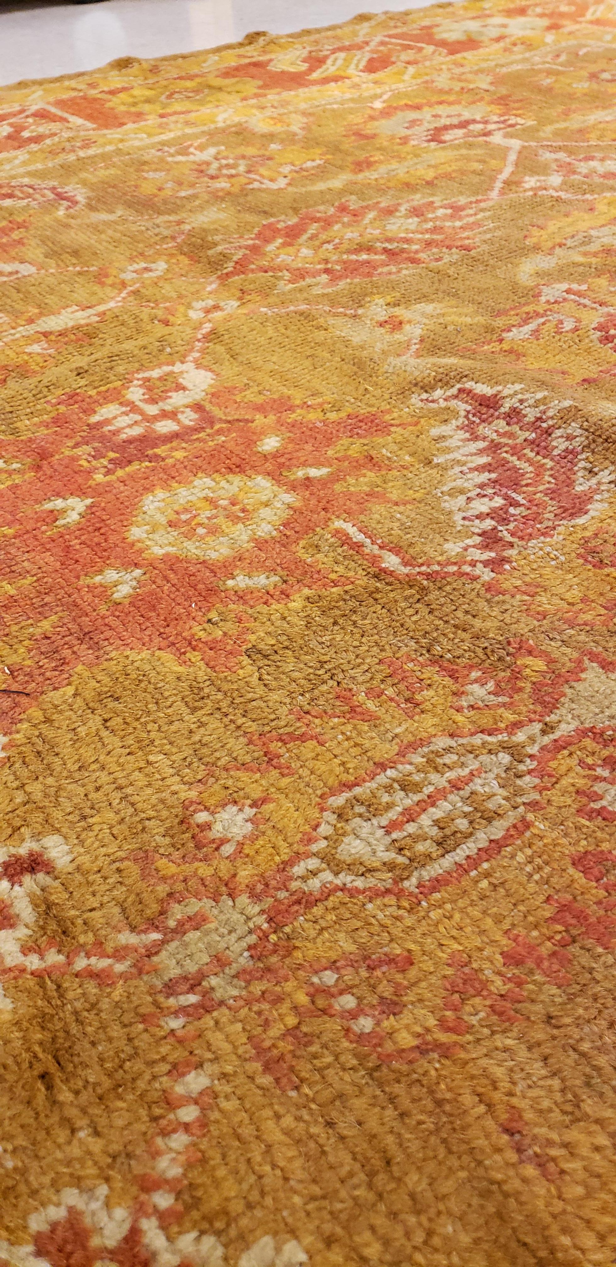 Turkish Antique Oushak Carpet, Oriental Rug, Handmade Green, Saffron, Ivory and Coral For Sale