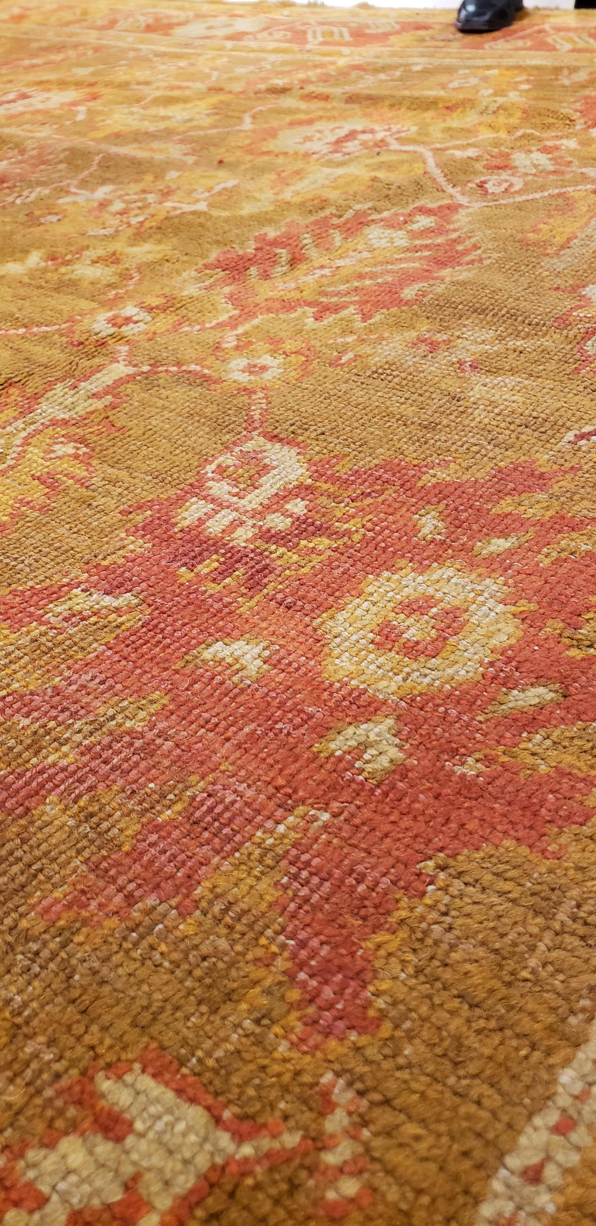 Hand-Knotted Antique Oushak Carpet, Oriental Rug, Handmade Green, Saffron, Ivory and Coral For Sale