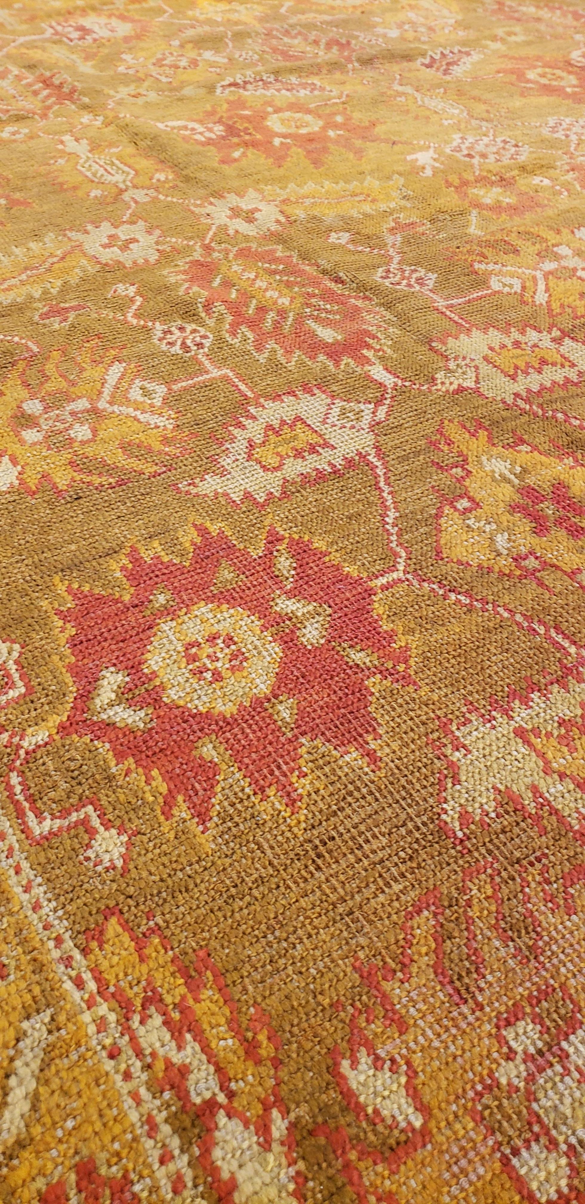 Antique Oushak Carpet, Oriental Rug, Handmade Green, Saffron, Ivory and Coral In Good Condition For Sale In Port Washington, NY
