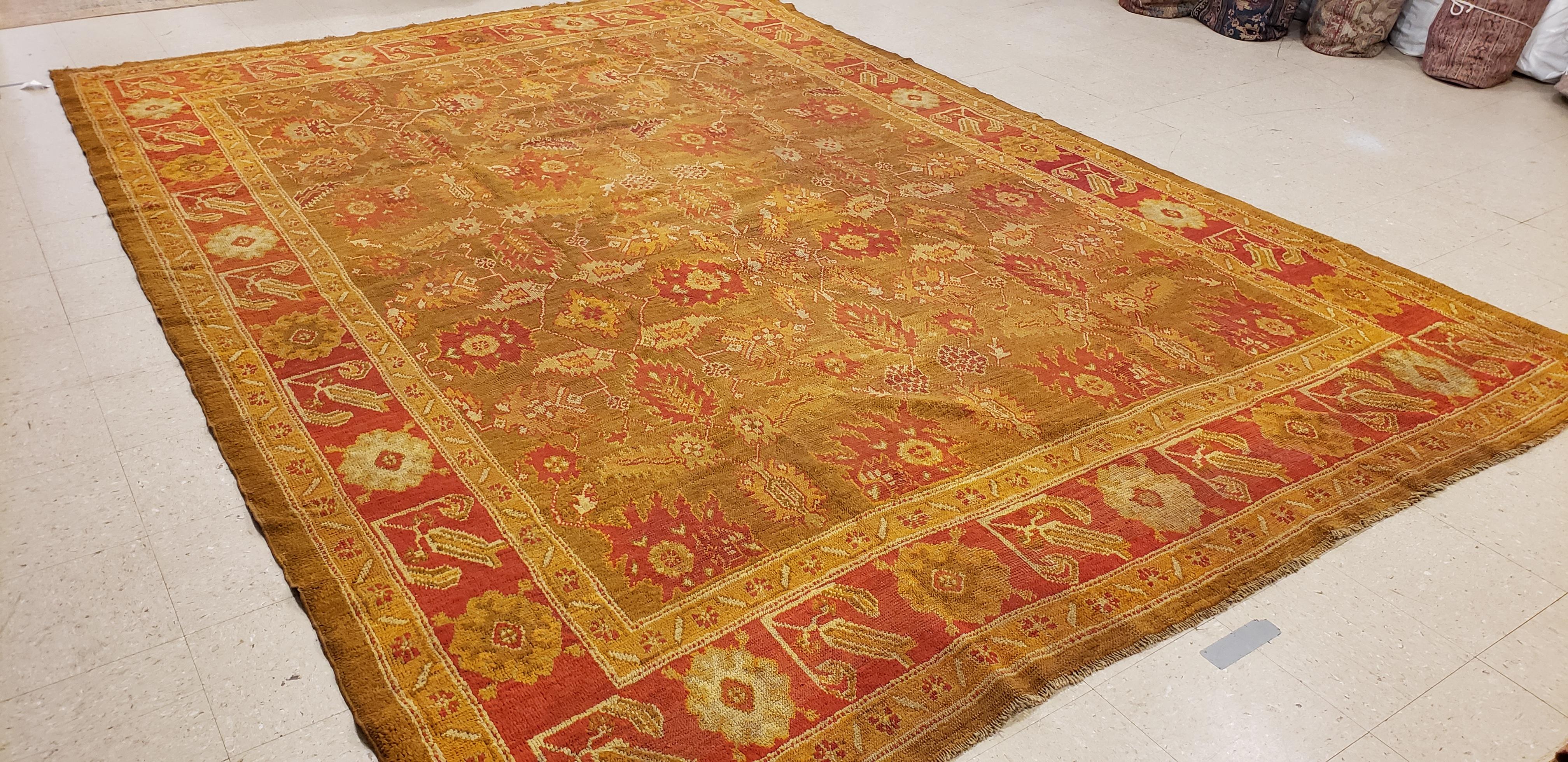 Antique Oushak Carpet, Oriental Rug, Handmade Green, Saffron, Ivory and Coral For Sale 1