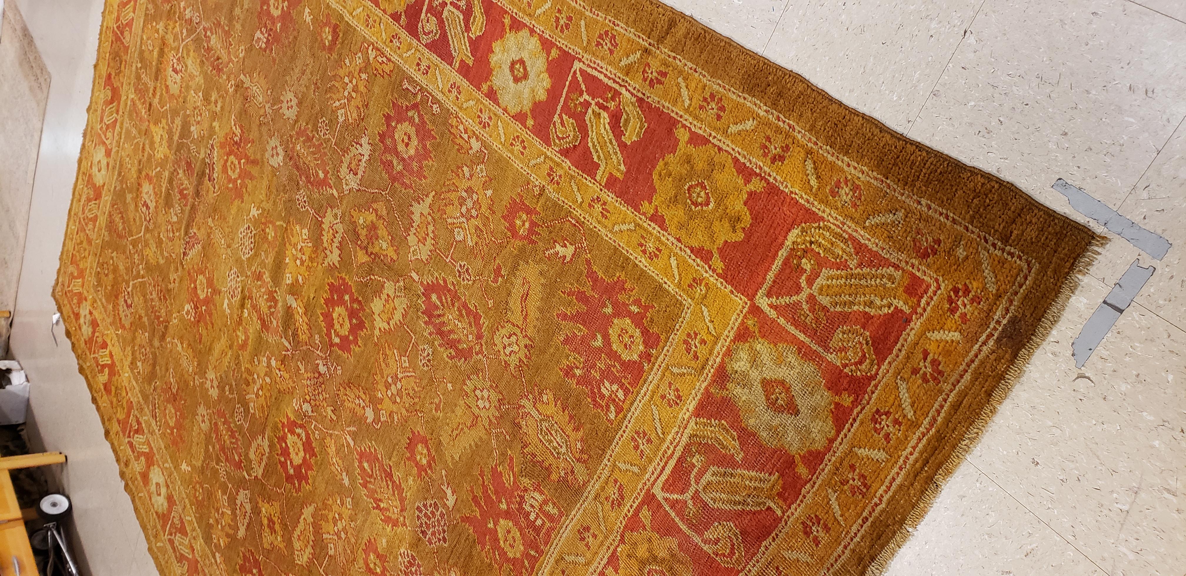 Antique Oushak Carpet, Oriental Rug, Handmade Green, Saffron, Ivory and Coral For Sale 2