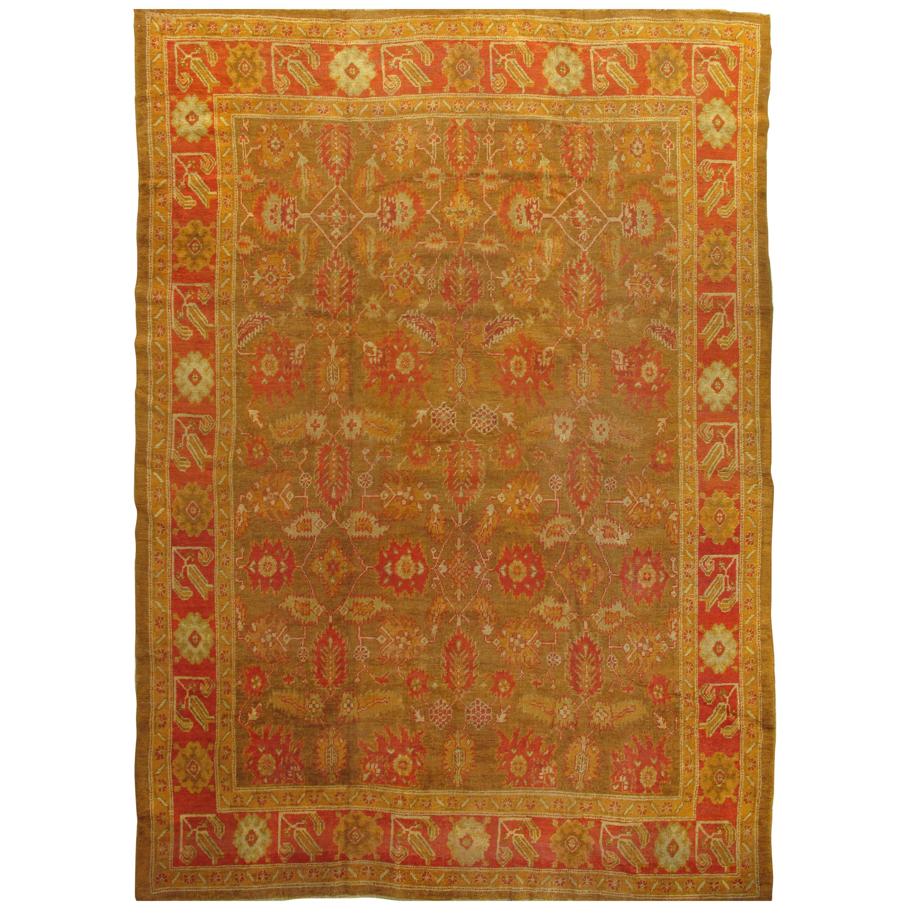 Antique Oushak Carpet, Oriental Rug, Handmade Green, Saffron, Ivory and Coral