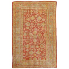 Oushak Carpet, Oriental Rug, Handmade Rug Saffron, Ivory, Light Blue and Coral
