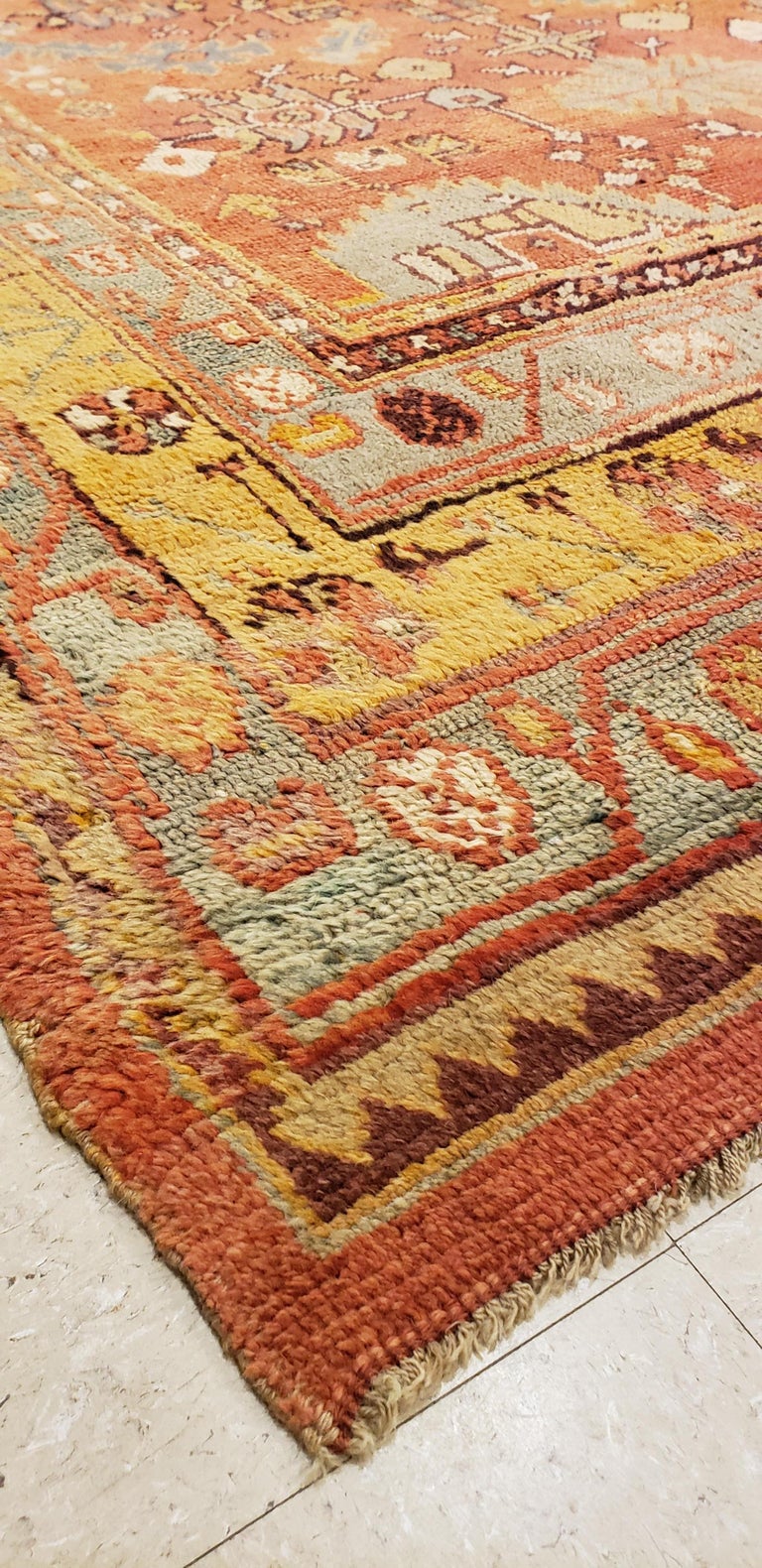 Antique Oushak Carpet, Oriental Rug, Handmade Rug Saffron, Light Blue and Coral For Sale at 1stDibs