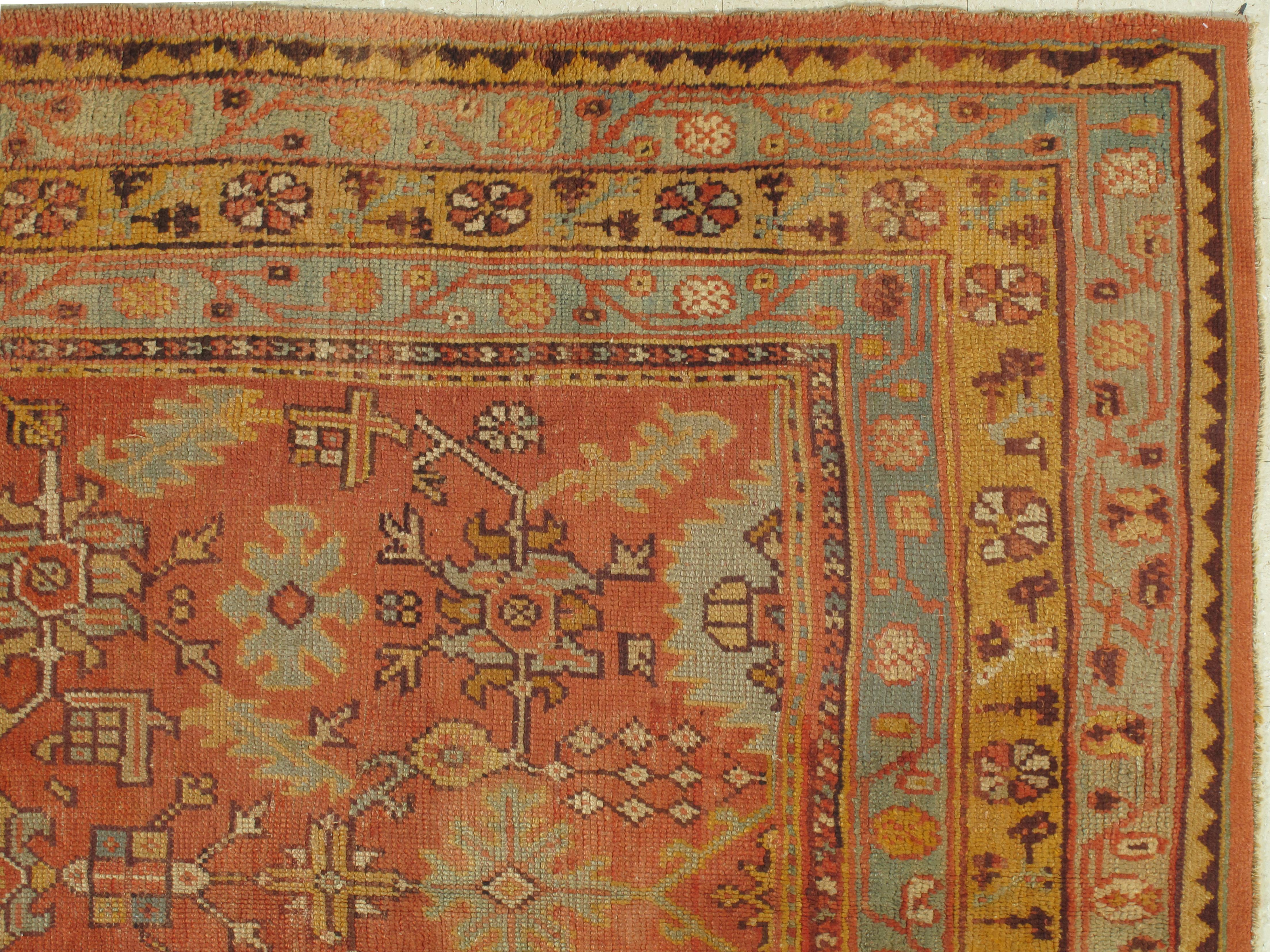Turkish carpet from Oushak with a combination of soft colors having an all-over design. Finely woven, having the most superb wool found in the mountains of Anatolia. This is a fine example of an antique Oushak. Size: 7'3