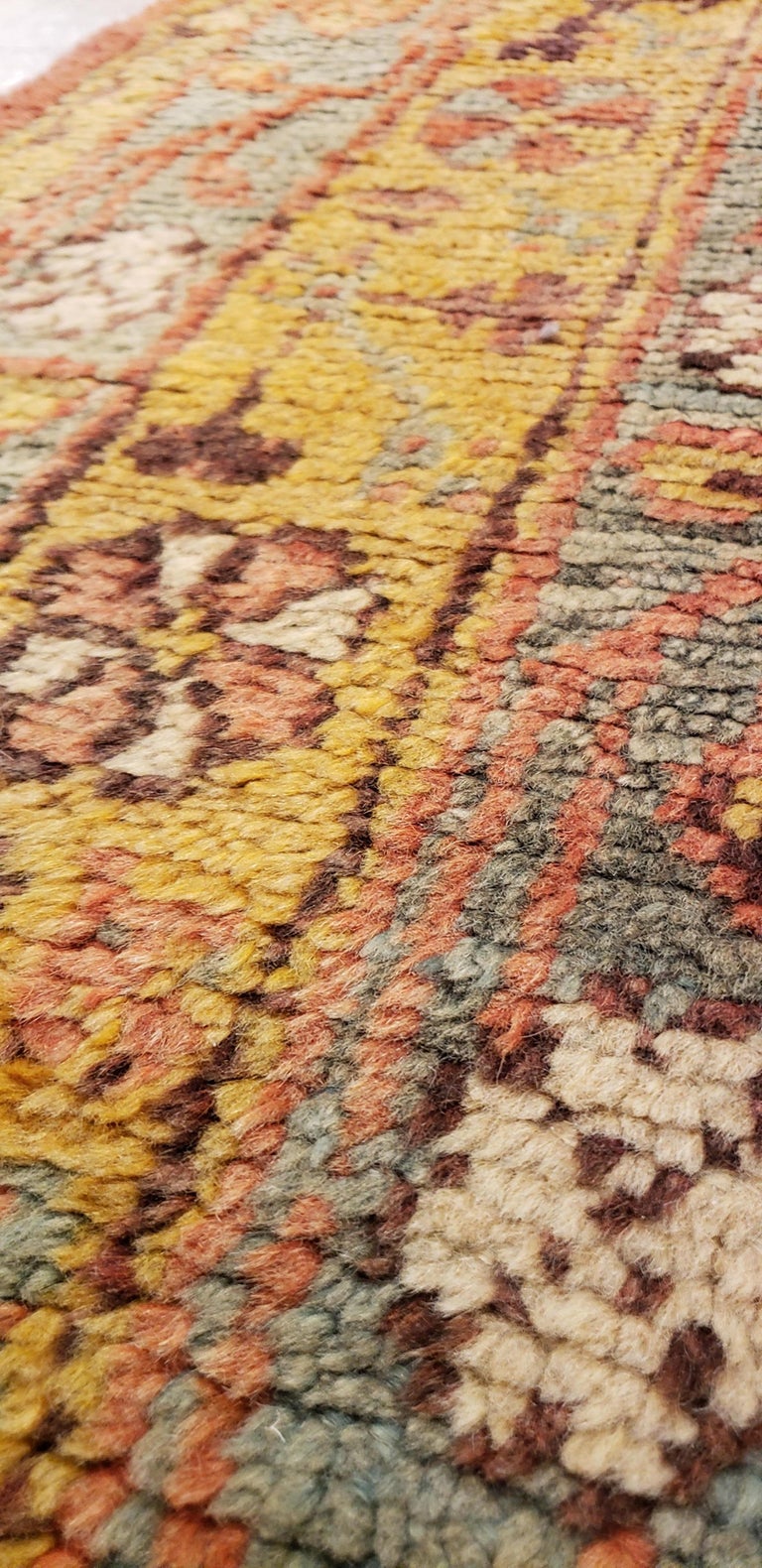 Antique Oushak Carpet, Oriental Rug, Handmade Rug Saffron, Light Blue and Coral For Sale at 1stDibs