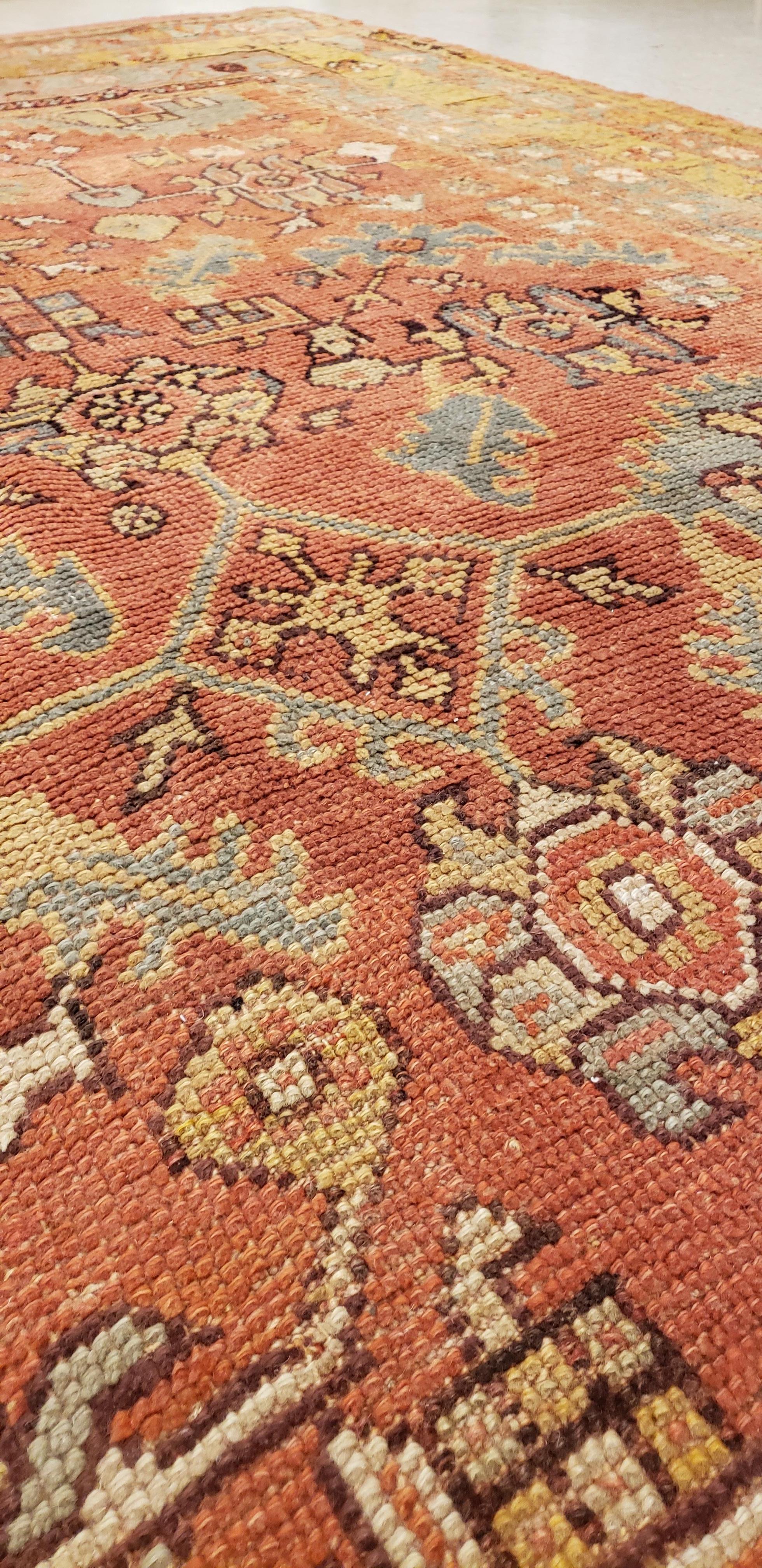 Hand-Knotted Antique Oushak Carpet, Oriental Rug, Handmade Rug Saffron, Light Blue and Coral For Sale