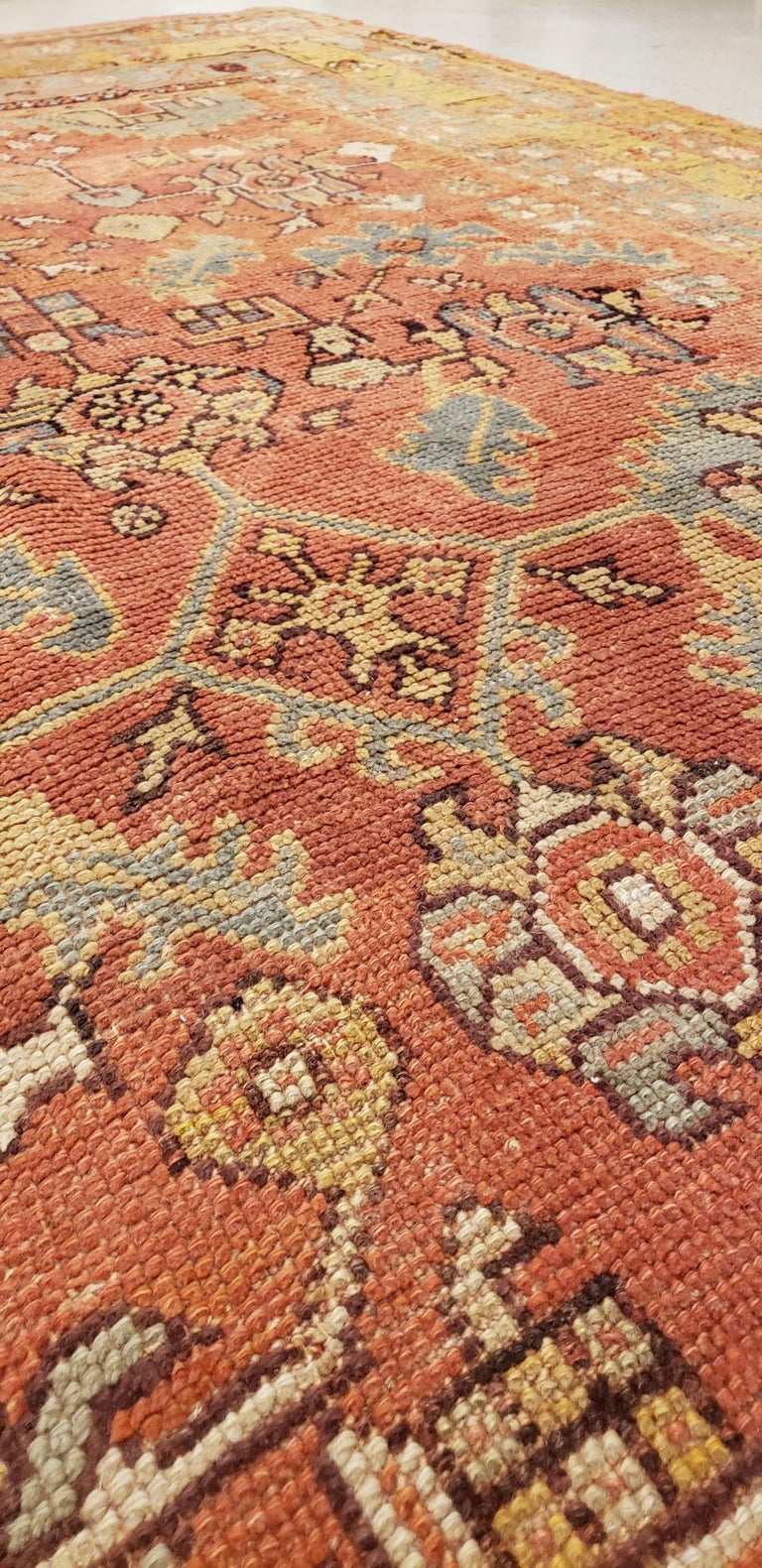 Antique Oushak Carpet, Oriental Rug, Handmade Rug Saffron, Light Blue and Coral For Sale at 1stDibs