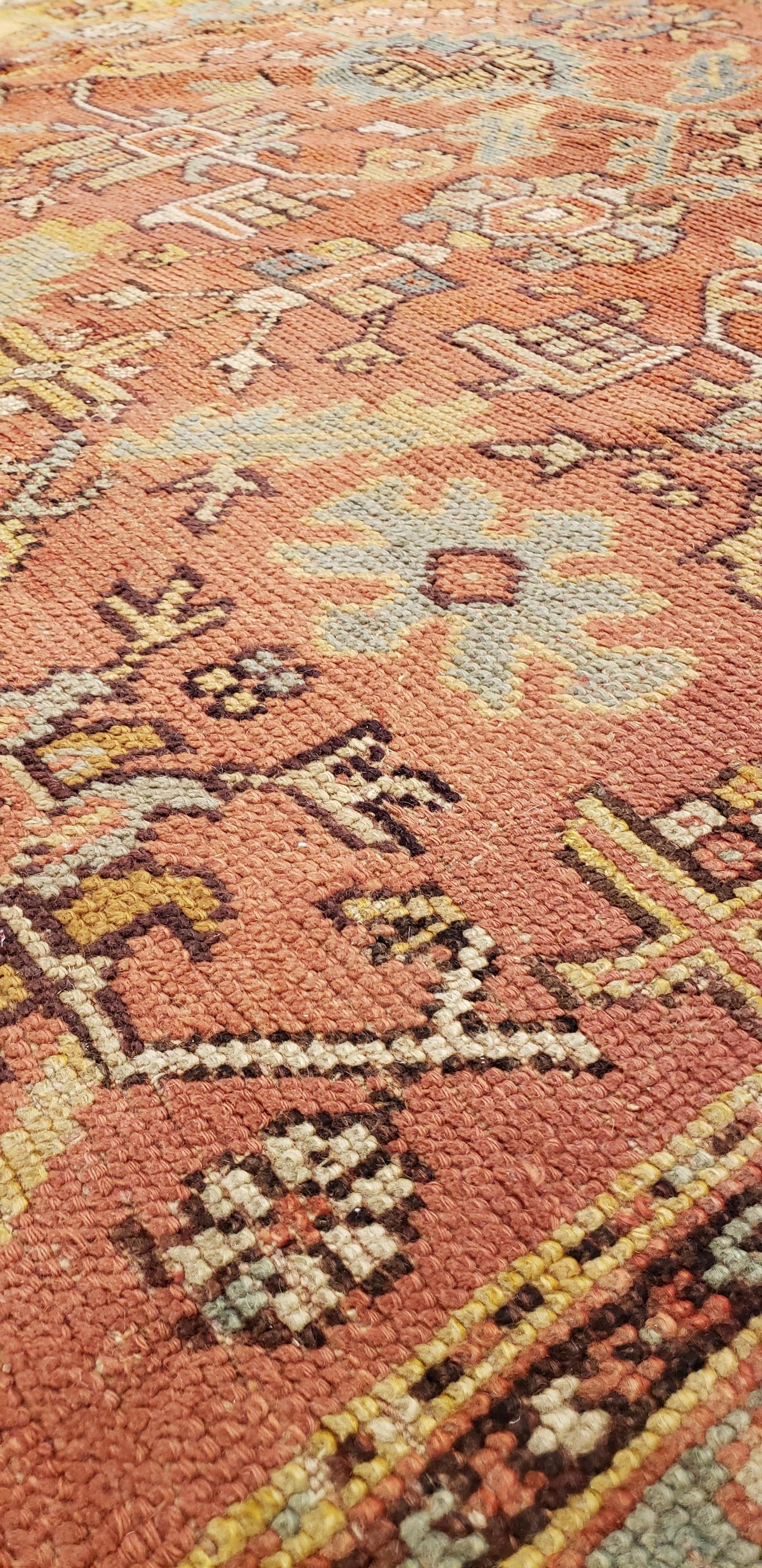 Antique Oushak Carpet, Oriental Rug, Handmade Rug Saffron, Light Blue and Coral In Good Condition For Sale In Port Washington, NY