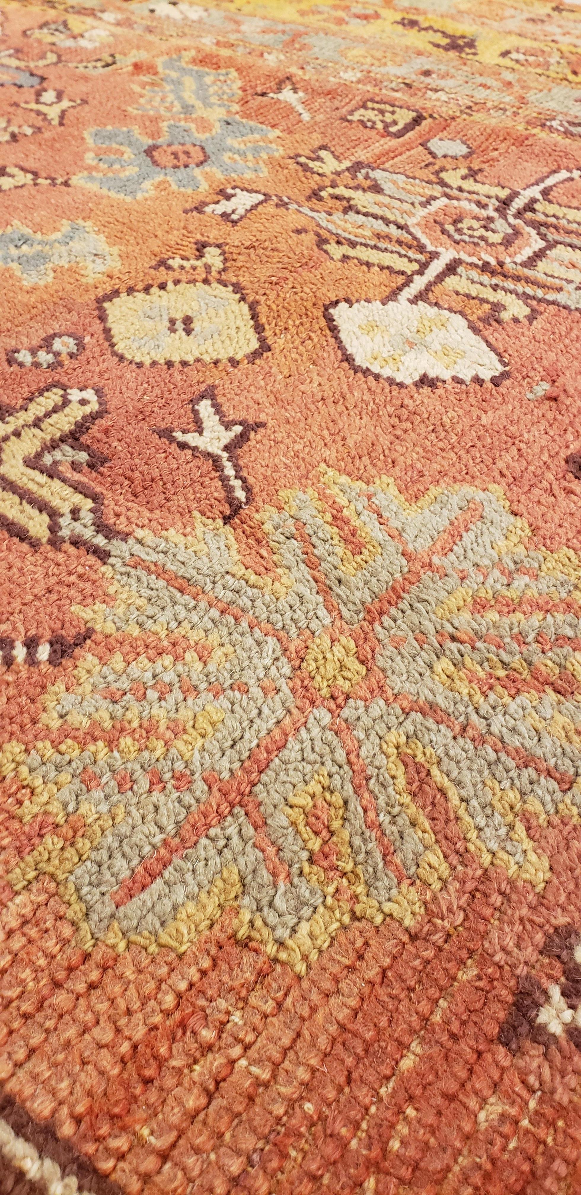19th Century Antique Oushak Carpet, Oriental Rug, Handmade Rug Saffron, Light Blue and Coral For Sale