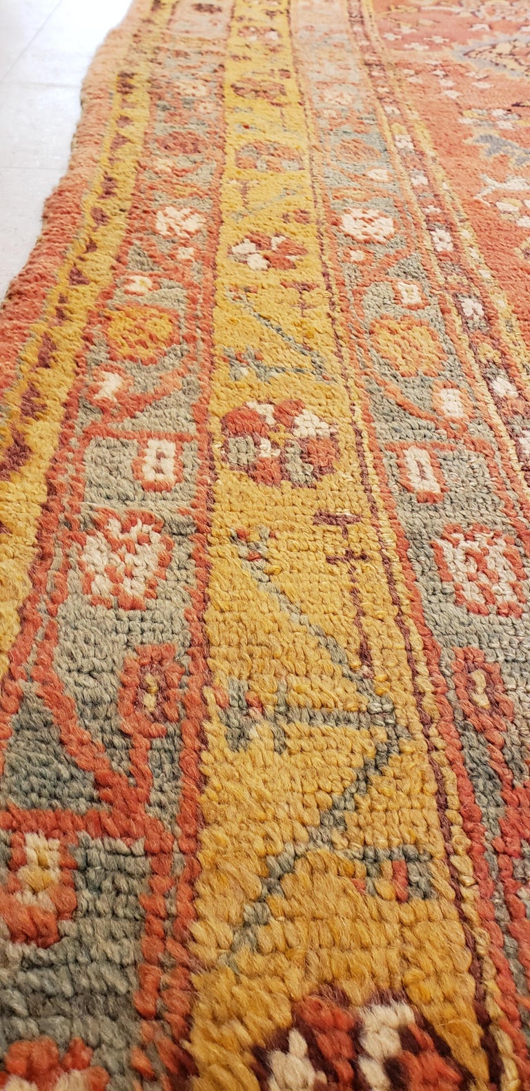 Antique Oushak Carpet, Oriental Rug, Handmade Rug Saffron, Light Blue and Coral For Sale at 1stDibs