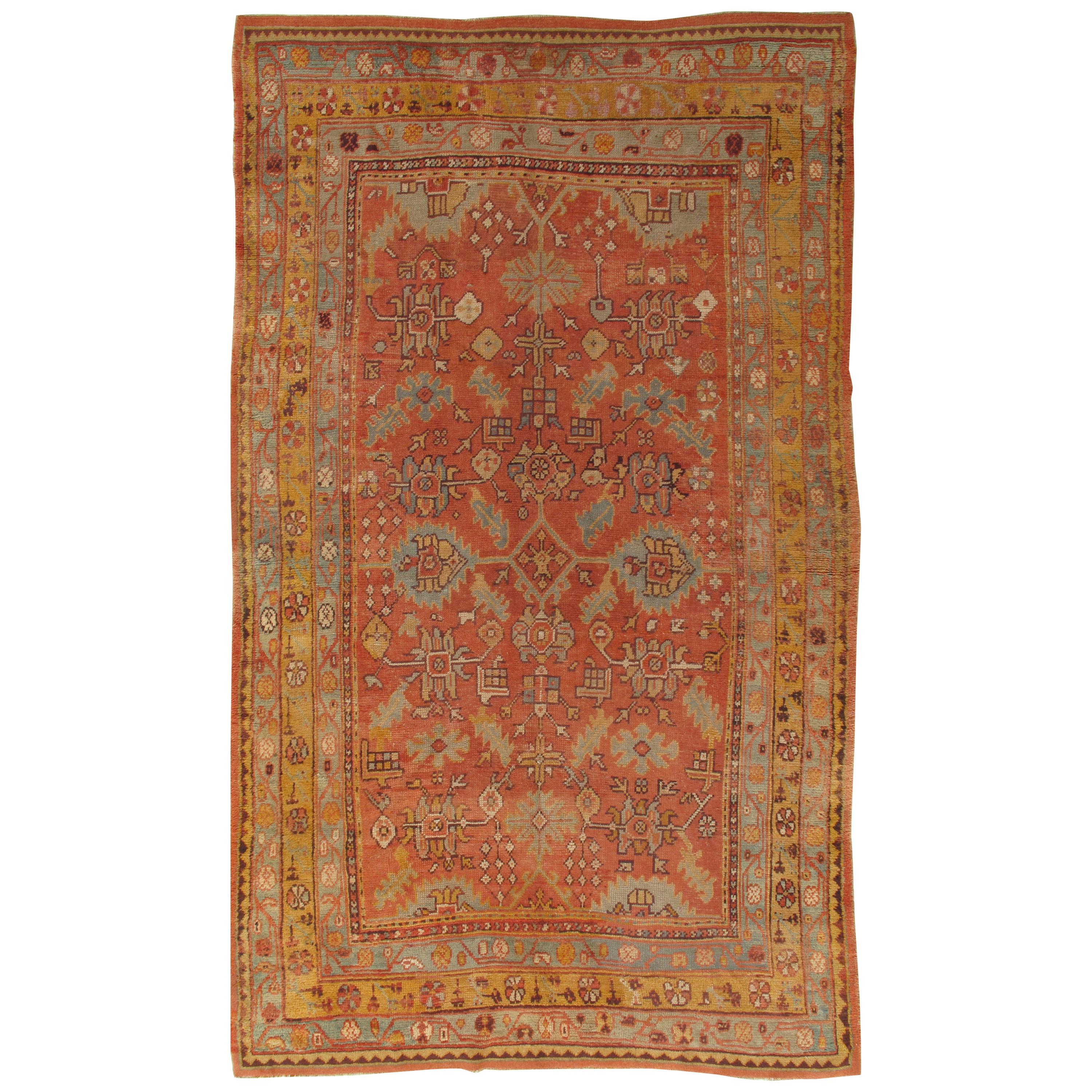 Antique Oushak Carpet, Oriental Rug, Handmade Rug Saffron, Light Blue and Coral For Sale