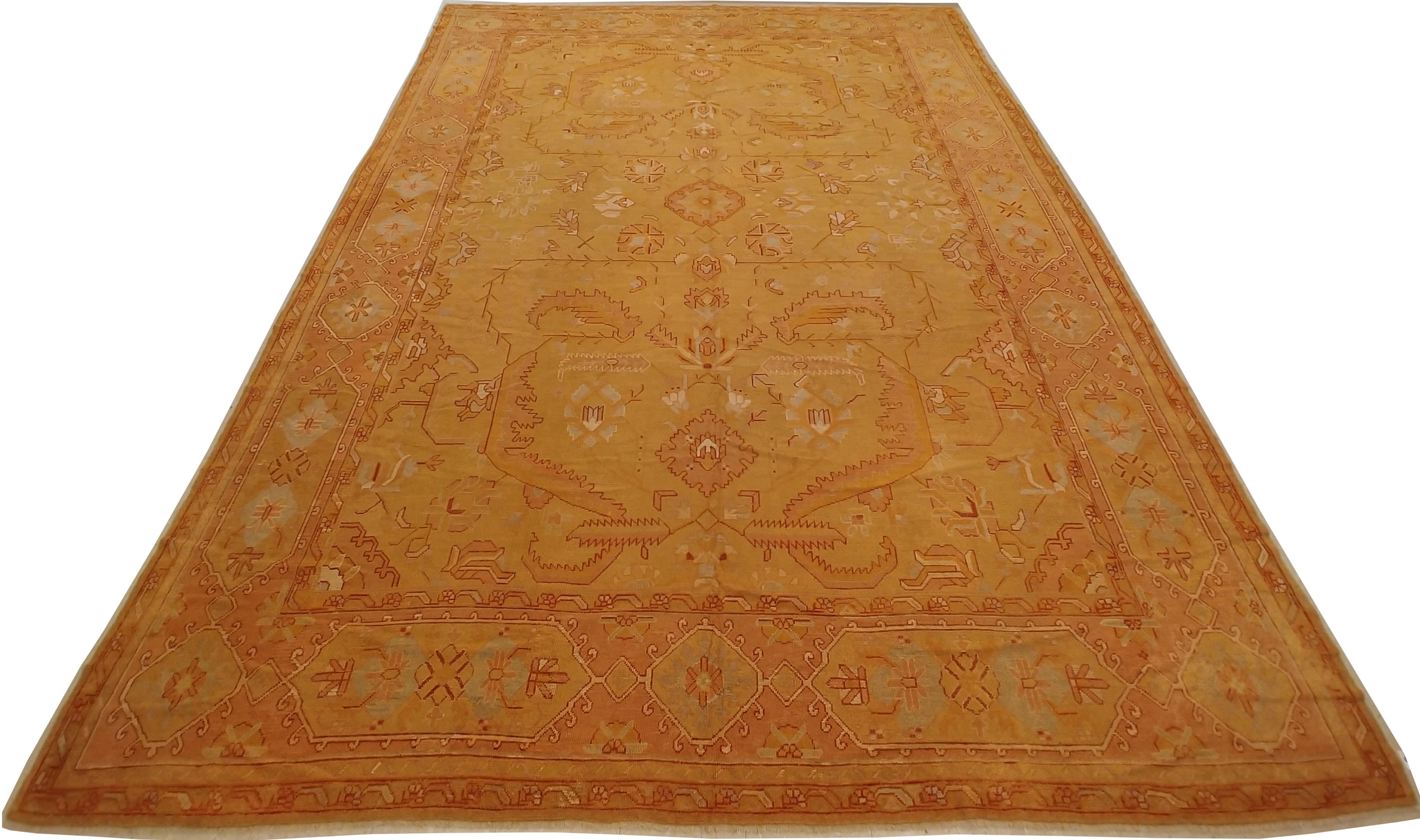 19th Century An Oushak Carpet, Turkish Rugs, Handmade Oriental Rugs, Gold, Green, Pink, Ivory For Sale
