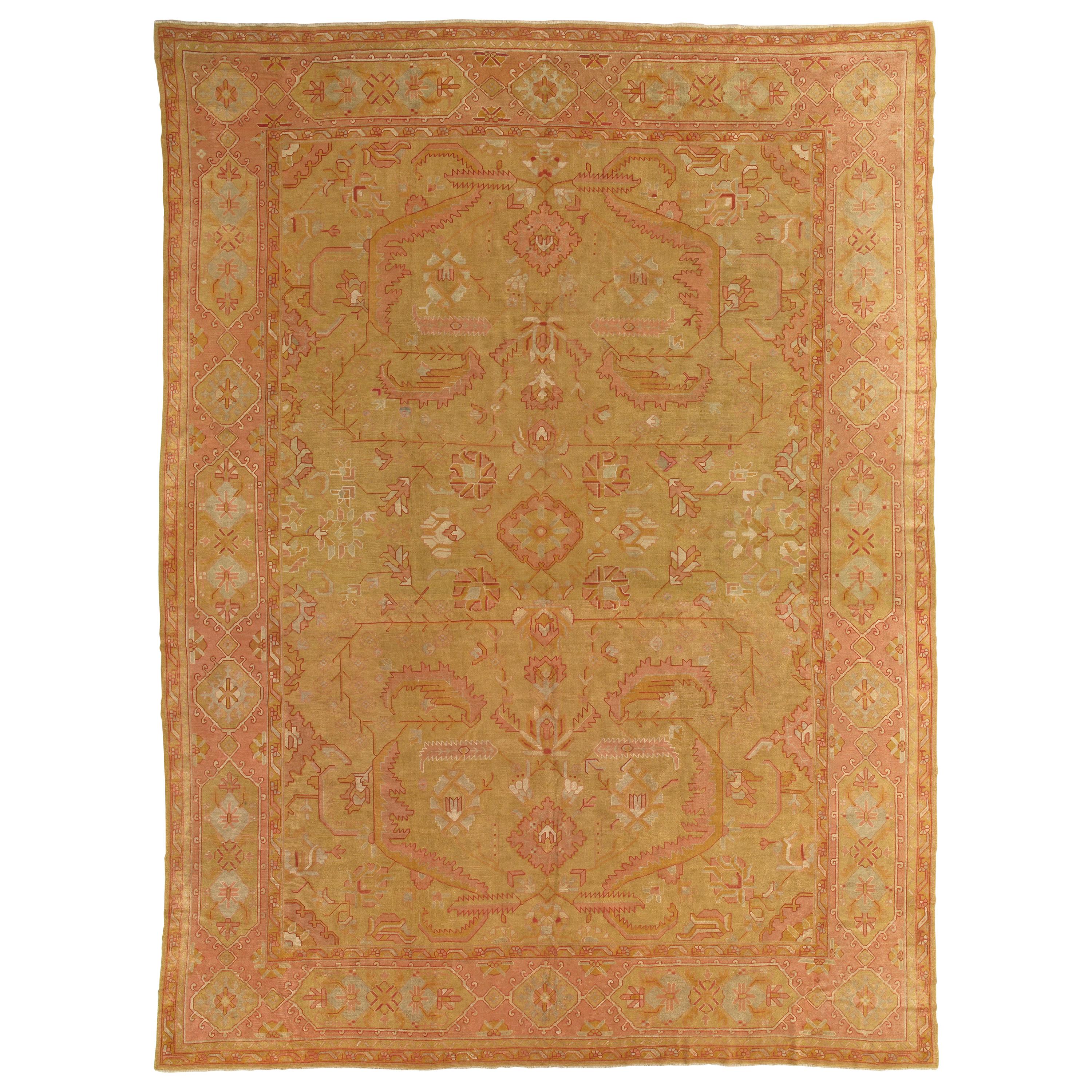 Ein Oushak-Teppich, türkische Teppiche, handgefertigte orientalische Teppiche, Gold, Grün, Rosa, Elfenbein