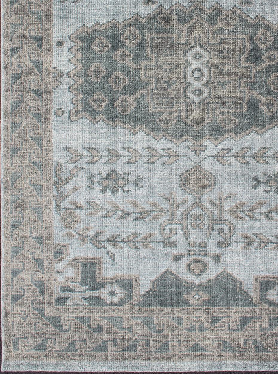 Indian Oushak Design Distressed Rug in Gray, Taupe, & Cream with large Medallion Design