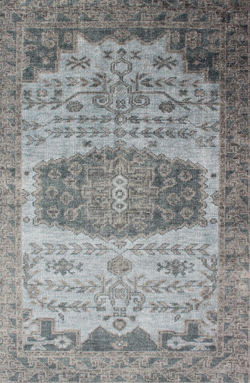 Hand-Knotted Oushak Design Distressed Rug in Gray, Taupe, & Cream with large Medallion Design