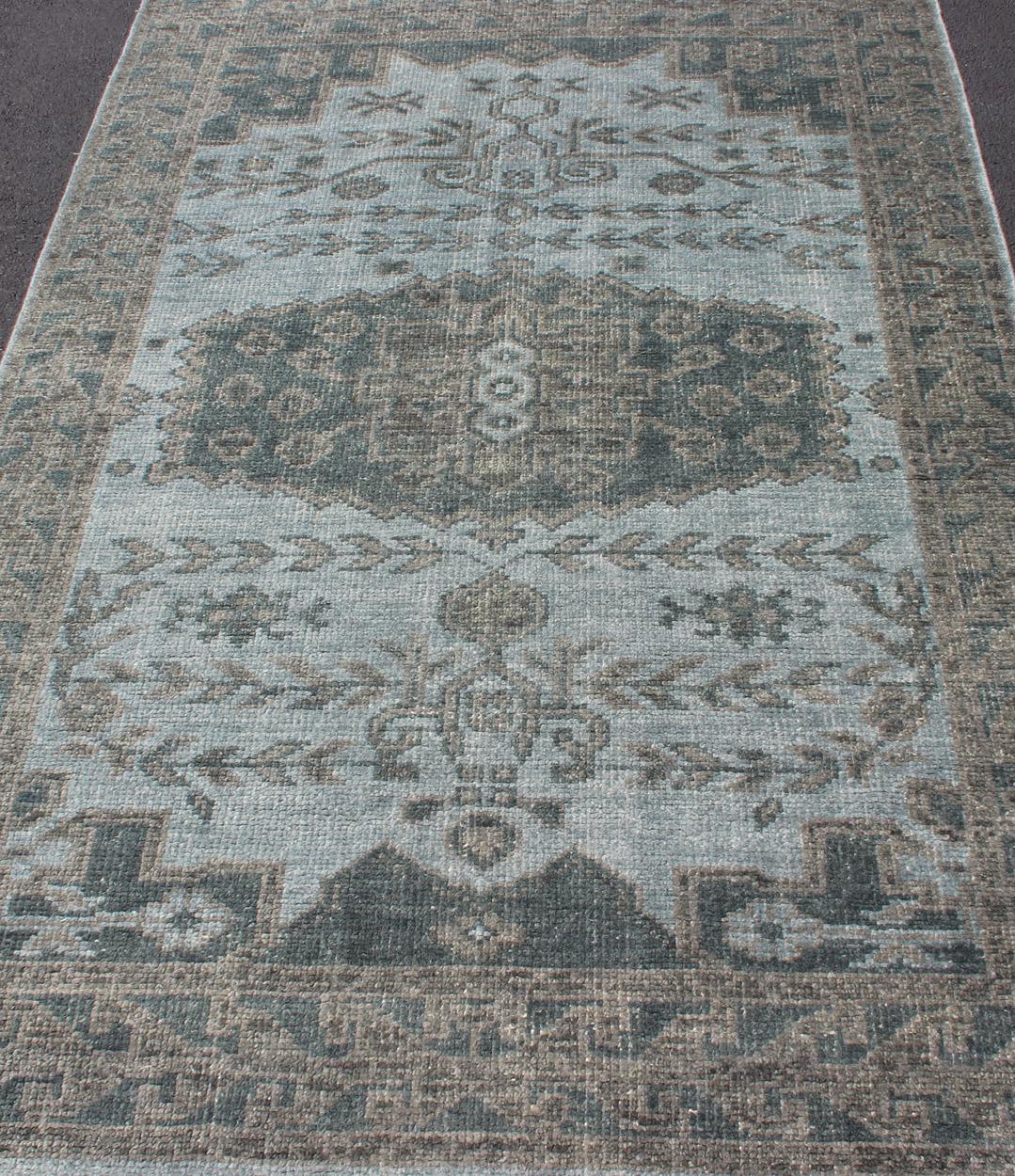 Contemporary Oushak Design Distressed Rug in Gray, Taupe, & Cream with large Medallion Design