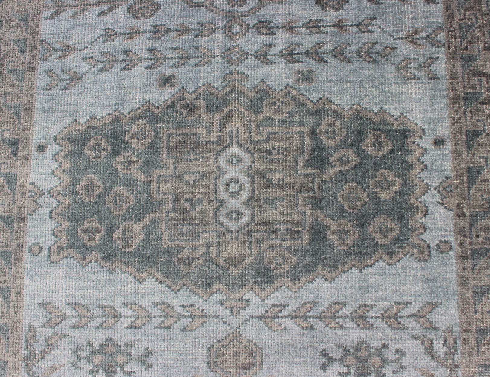 Oushak Design Distressed Rug in Gray, Taupe, & Cream with large Medallion Design 1