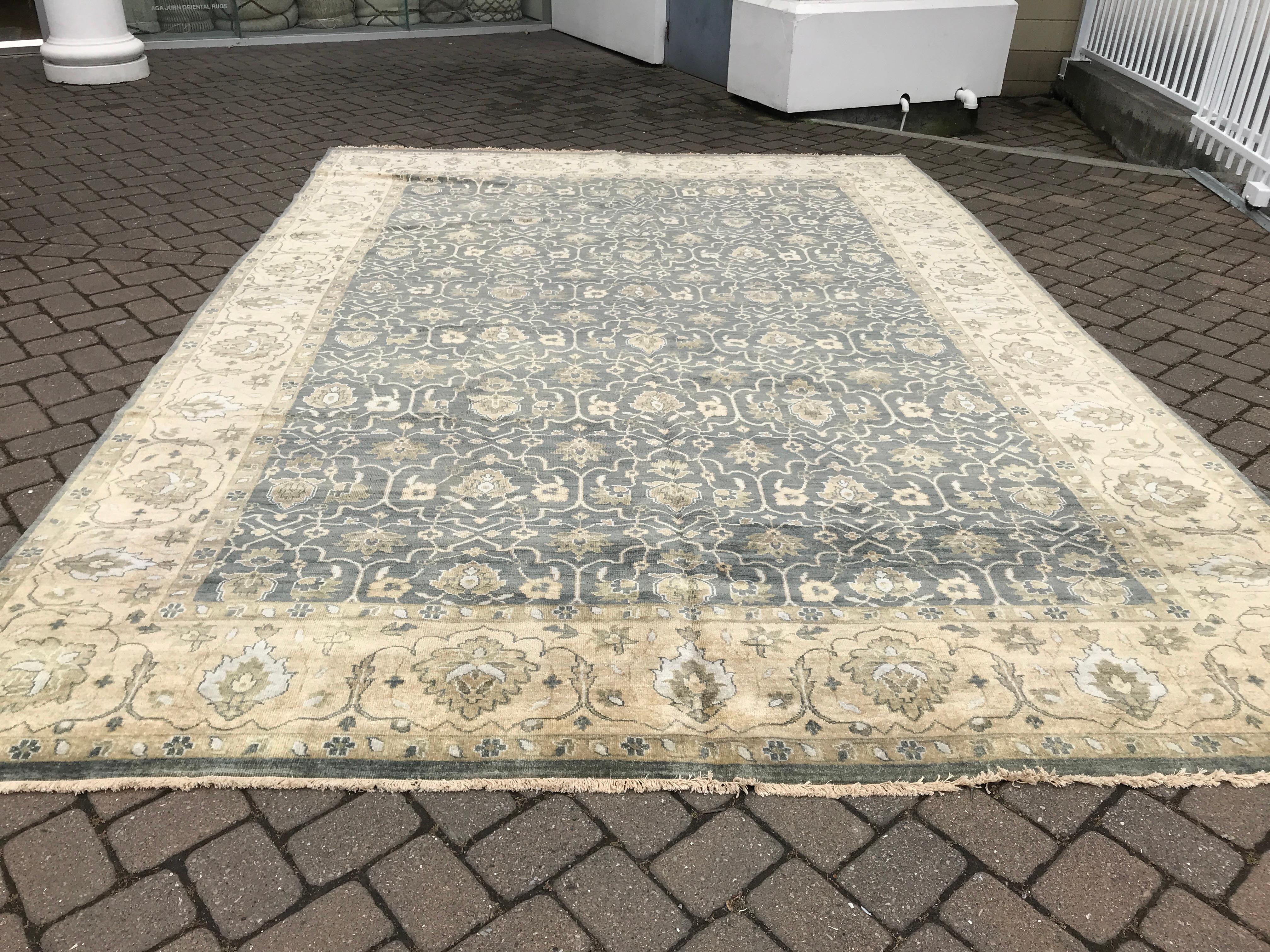 Dusty Teal Floral Transitional Oushak Design Rug in 10'x14'  For Sale 3