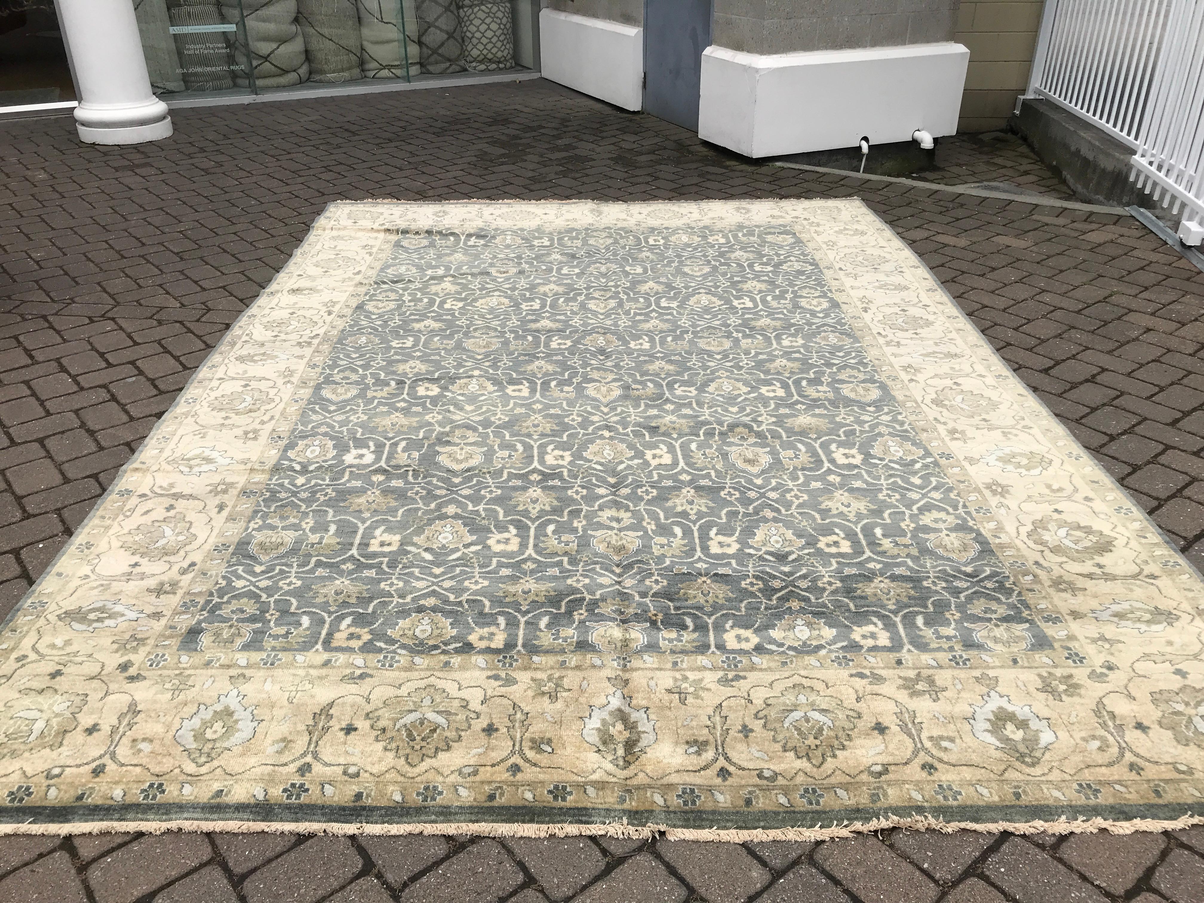 Indian Dusty Teal Floral Transitional Oushak Design Rug in 10'x14'  For Sale