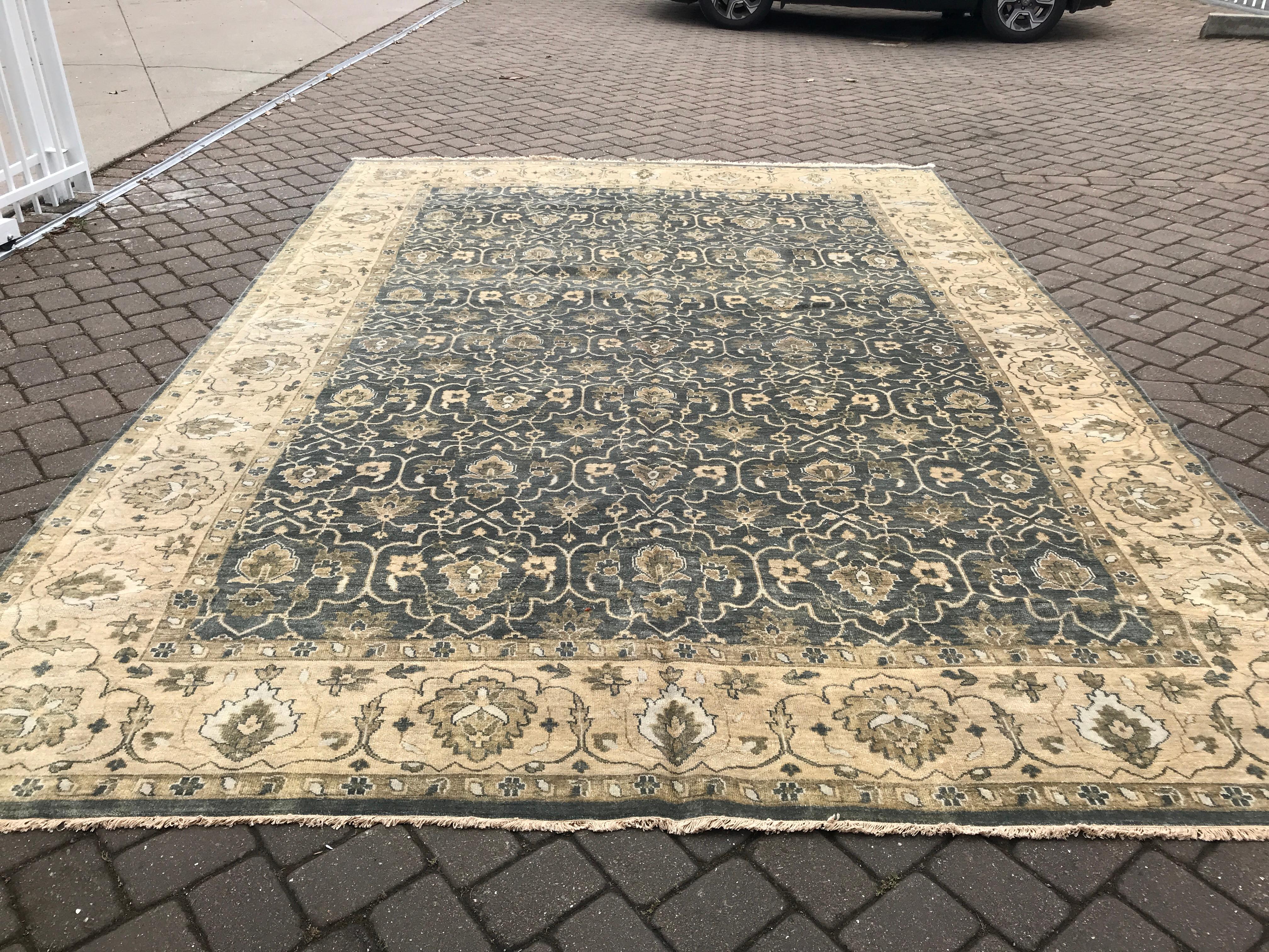 Hand-Knotted Dusty Teal Floral Transitional Oushak Design Rug in 10'x14'  For Sale
