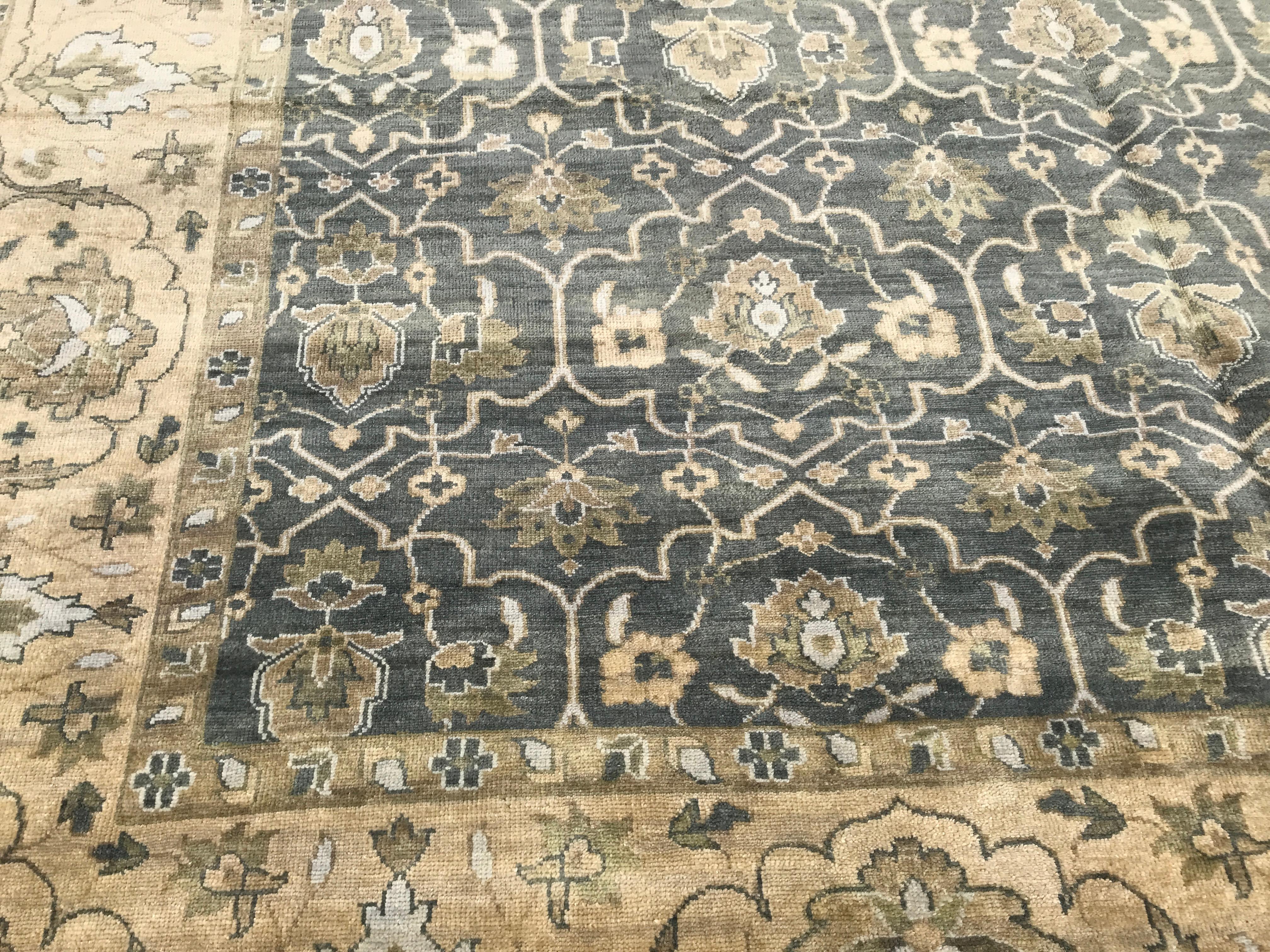 Contemporary Dusty Teal Floral Transitional Oushak Design Rug in 10'x14'  For Sale