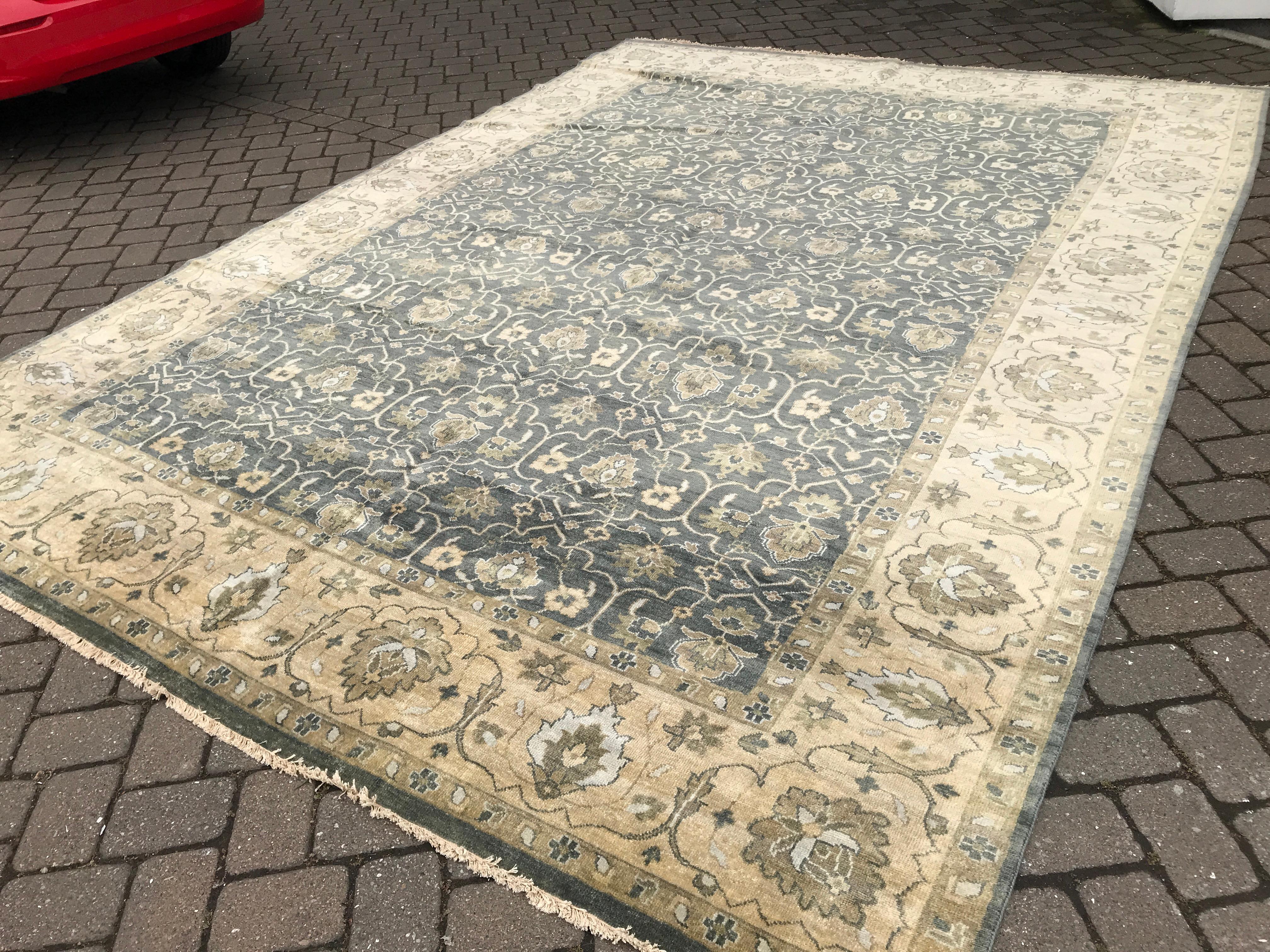 Dusty Teal Floral Transitional Oushak Design Rug in 10'x14'  For Sale 1