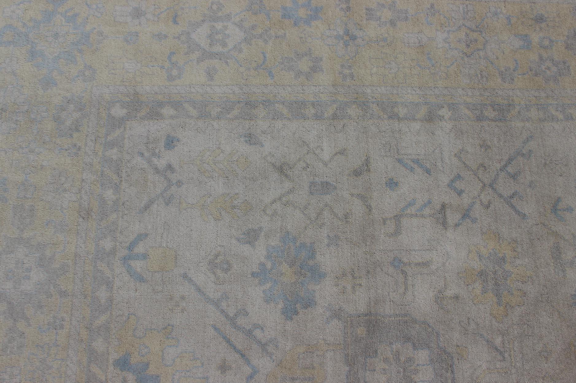 Oushak Design Rug in Gray, Silver, Light Blue and Yellow with All-Over Design 4