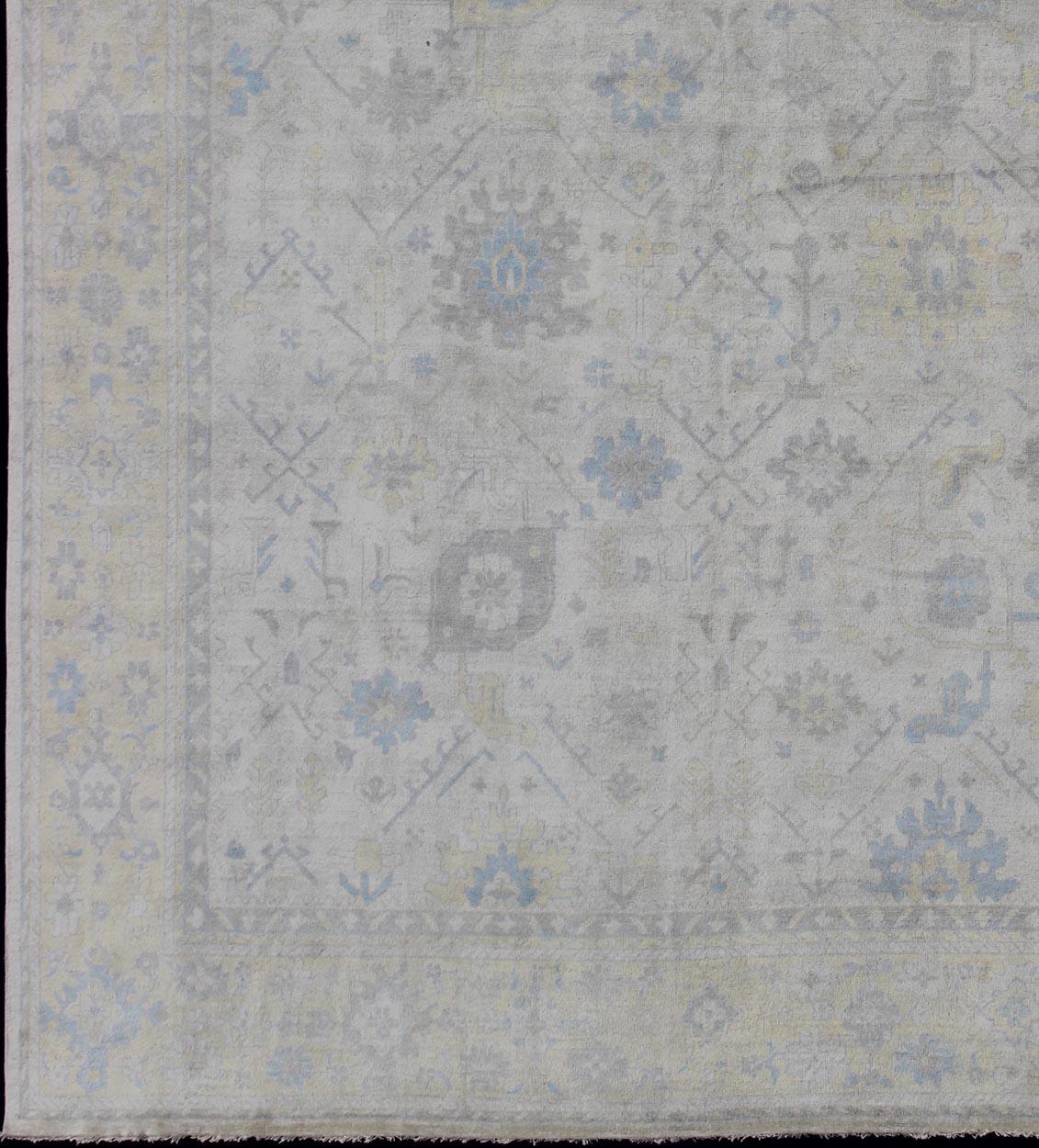 Indian Oushak Design Rug in Gray, Silver, Light Blue and Yellow with All-Over Design