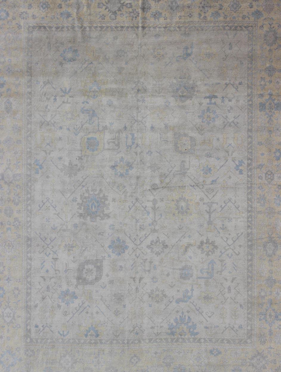 Hand-Knotted Oushak Design Rug in Gray, Silver, Light Blue and Yellow with All-Over Design