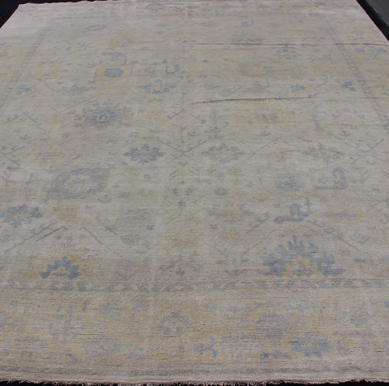 Contemporary Oushak Design Rug in Gray, Silver, Light Blue and Yellow with All-Over Design
