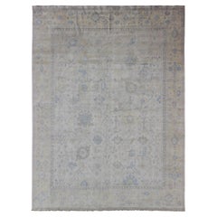 Tapis Oushak Design gris, argenté, bleu clair et jaune avec motifs sur toute la surface