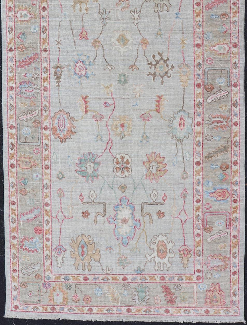 Oushak Gallery Rug with Soft Ivory Field and Accents in Light Blue 4'0 x 10'2 For Sale 3