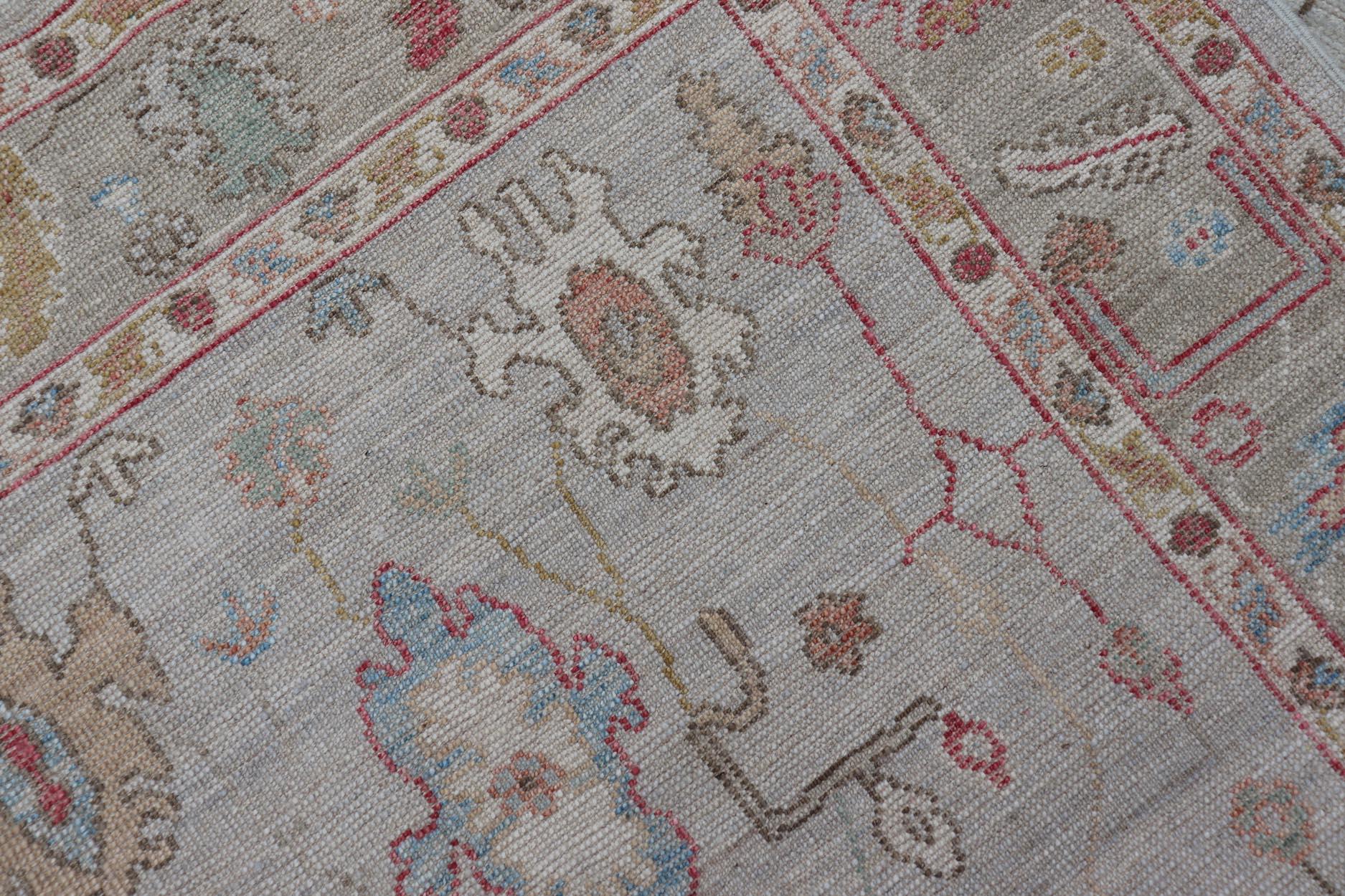 Oushak Gallery Rug with Soft Ivory Field and Accents in Light Blue 4'0 x 10'2 For Sale 4