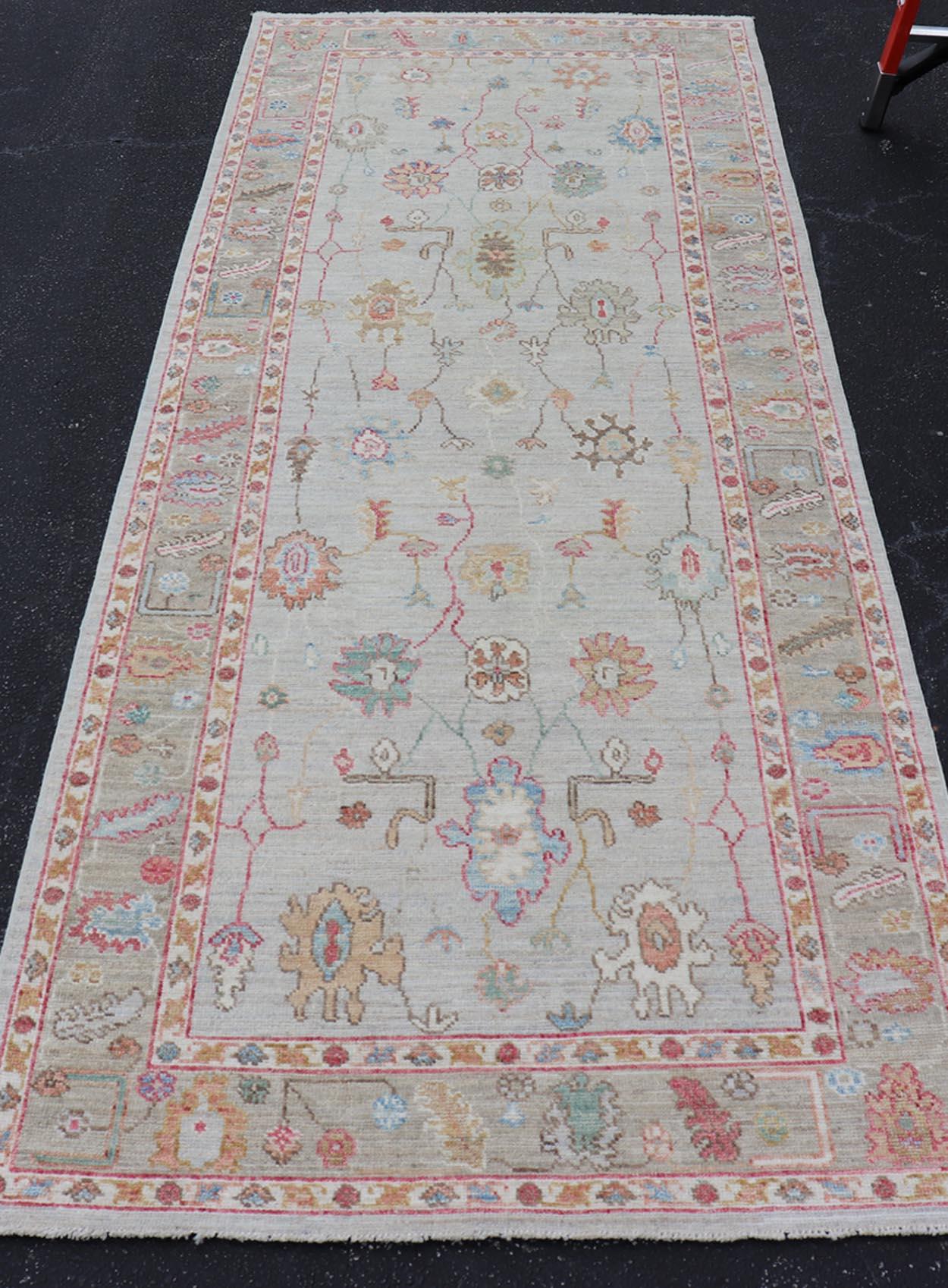Oushak Gallery Rug with Soft Ivory Field and Accents in Light Blue 4'0 x 10'2 For Sale 6
