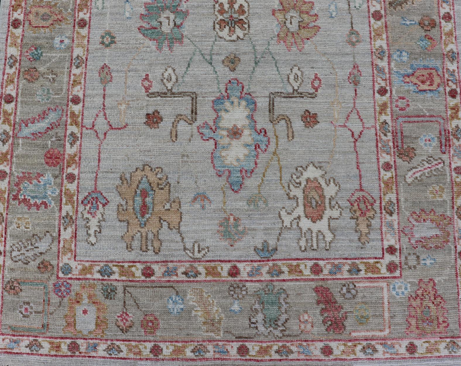 Afghan Oushak Gallery Rug with Soft Ivory Field and Accents in Light Blue 4'0 x 10'2 For Sale