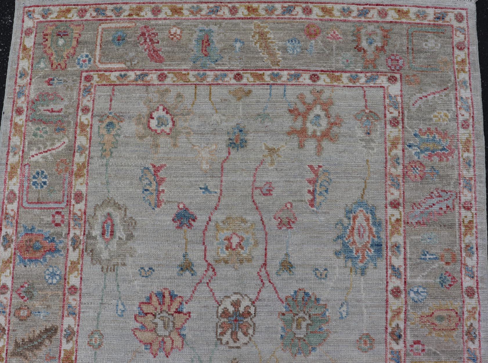 Oushak Gallery Rug with Soft Ivory Field and Accents in Light Blue 4'0 x 10'2 In New Condition For Sale In Atlanta, GA
