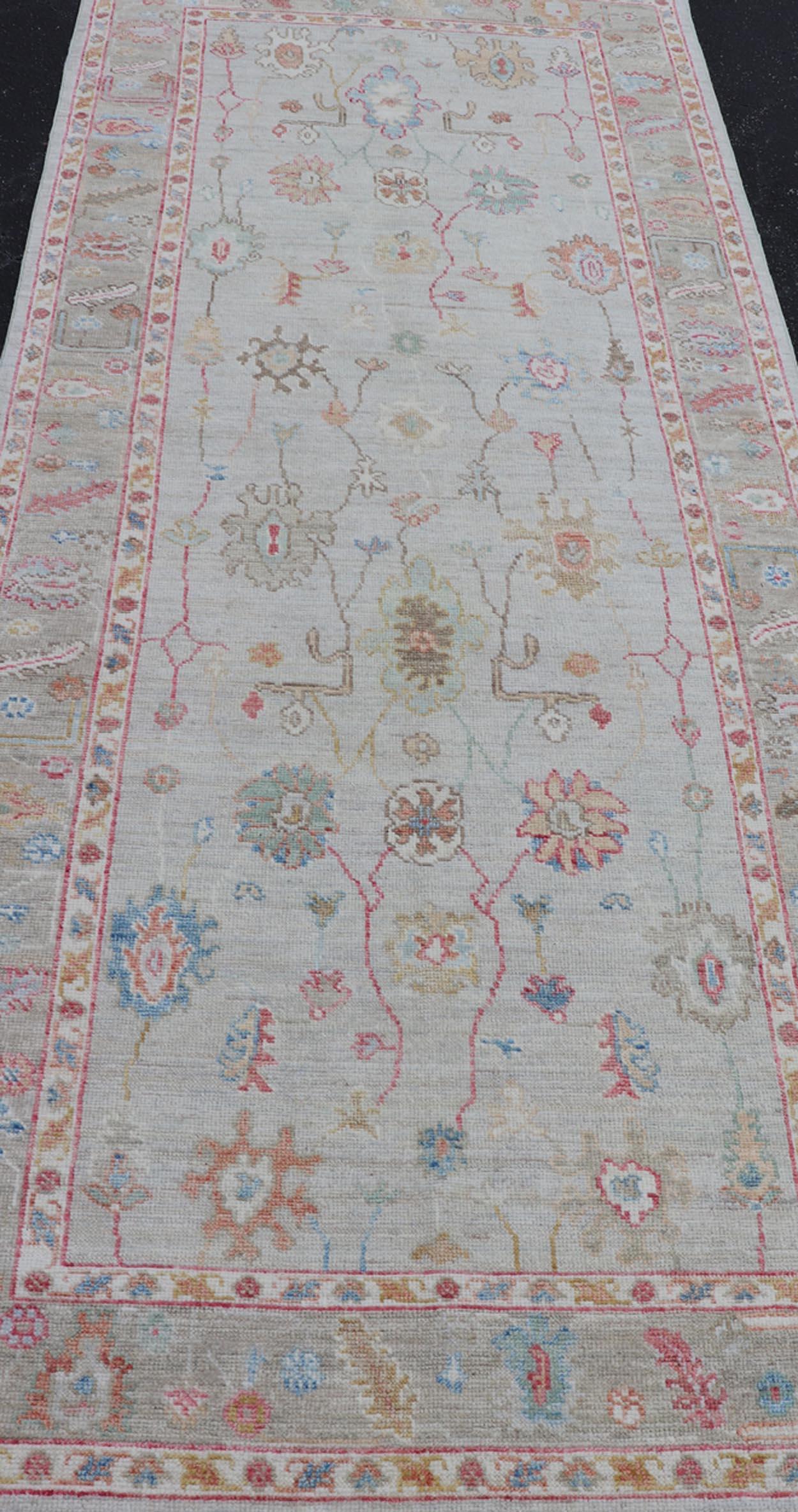 Contemporary Oushak Gallery Rug with Soft Ivory Field and Accents in Light Blue 4'0 x 10'2 For Sale