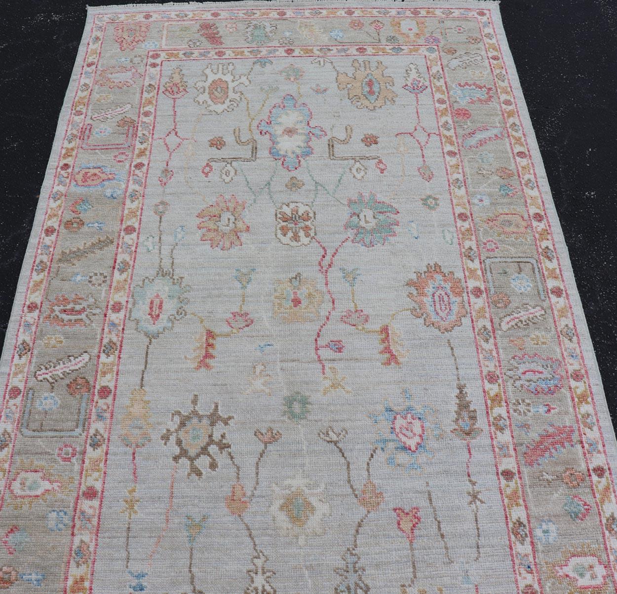 Wool Oushak Gallery Rug with Soft Ivory Field and Accents in Light Blue 4'0 x 10'2 For Sale