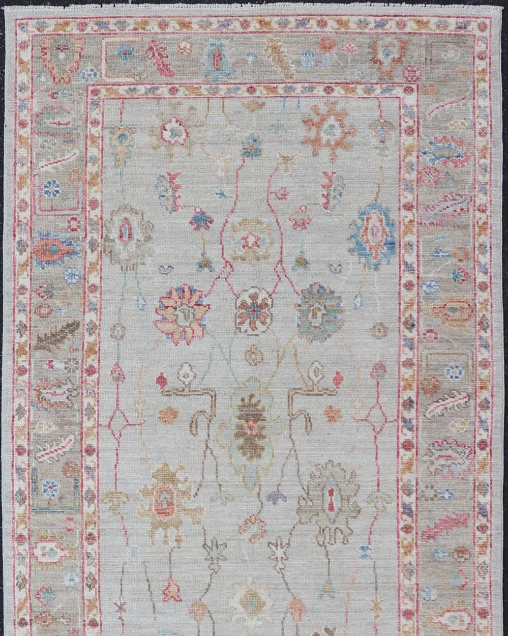 Oushak Gallery Rug with Soft Ivory Field and Accents in Light Blue 4'0 x 10'2 For Sale 1