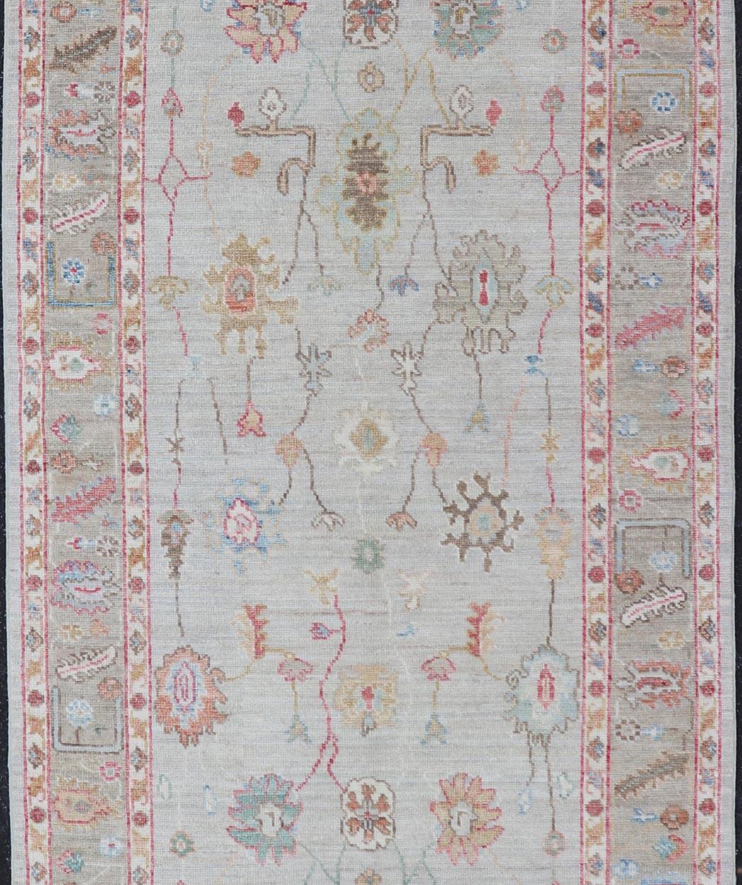 Oushak Gallery Rug with Soft Ivory Field and Accents in Light Blue 4'0 x 10'2 For Sale 2